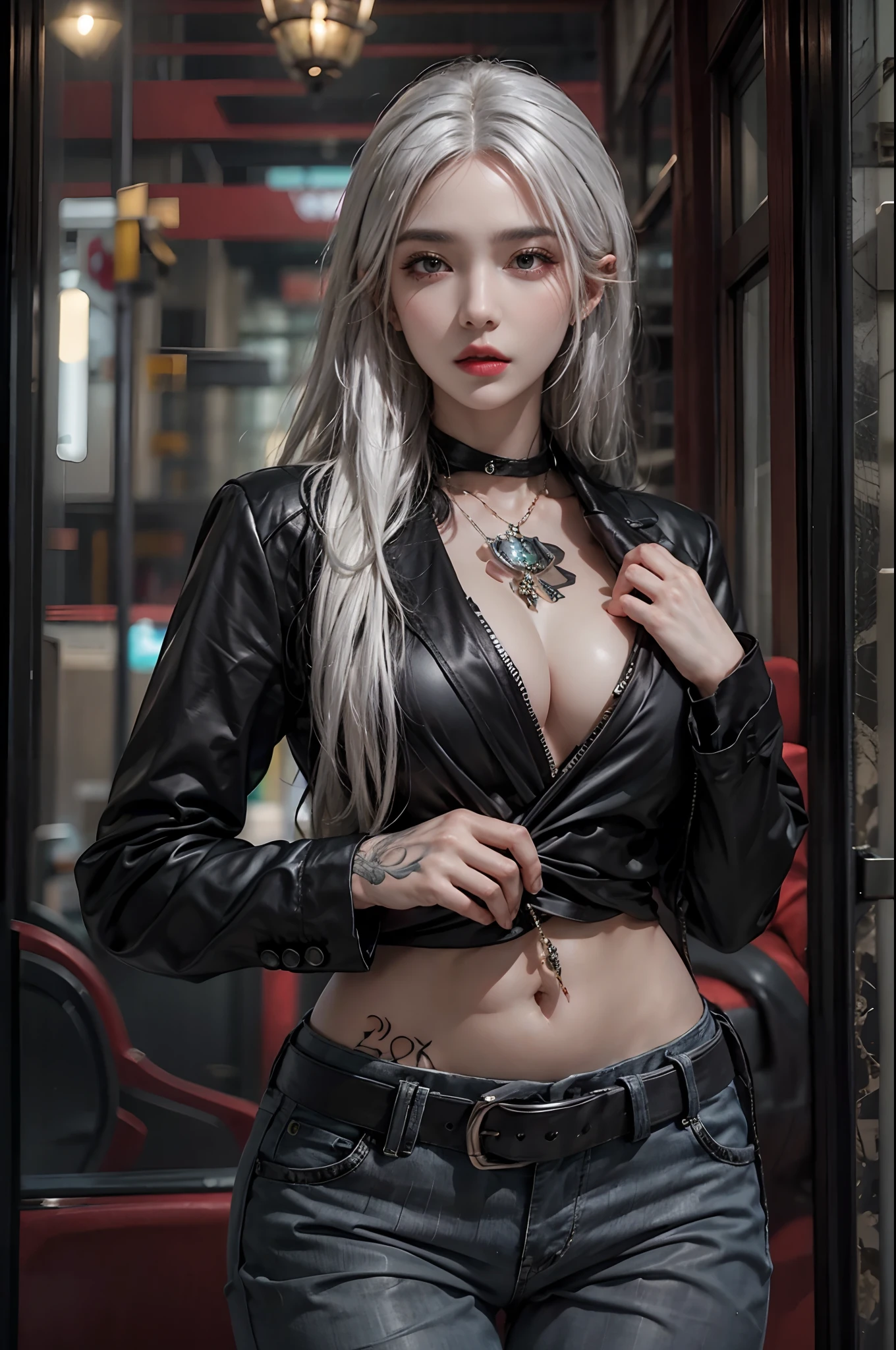 photorealistic, high resolution, 1women, solo, hips up, look at viewer, (detailed face), white hair, long hair, black business suit, mafia, tattoo, jewelry
