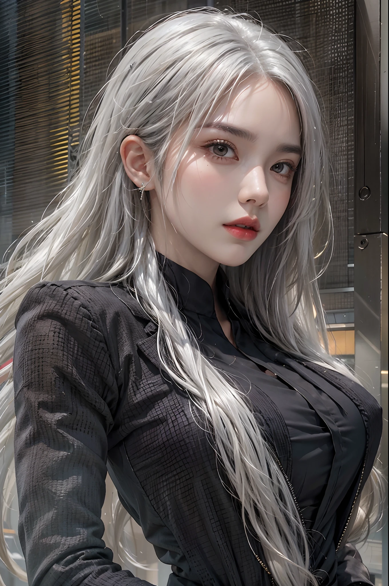 photorealistic, high resolution, 1women, solo, hips up, look at viewer, (detailed face), white hair, long hair, black business suit, mafia, tattoo, jewelry