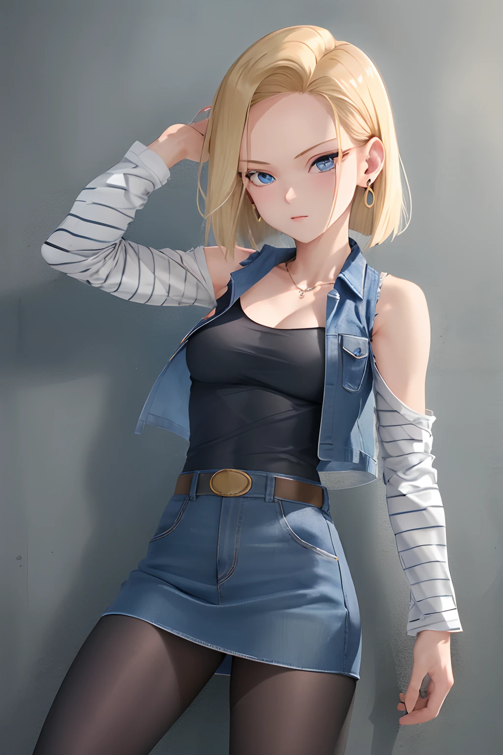 best quality, highres, and18, 1girl, android 18, solo, blonde hair, blue eyes, short hair, earrings, jewelry, denim vest, open vest, black pantyhose, black shirt, denim skirt, striped long sleeves, blue skirt, medium breasts, cowboy shot, street, off-the-shoulder, Strapless,