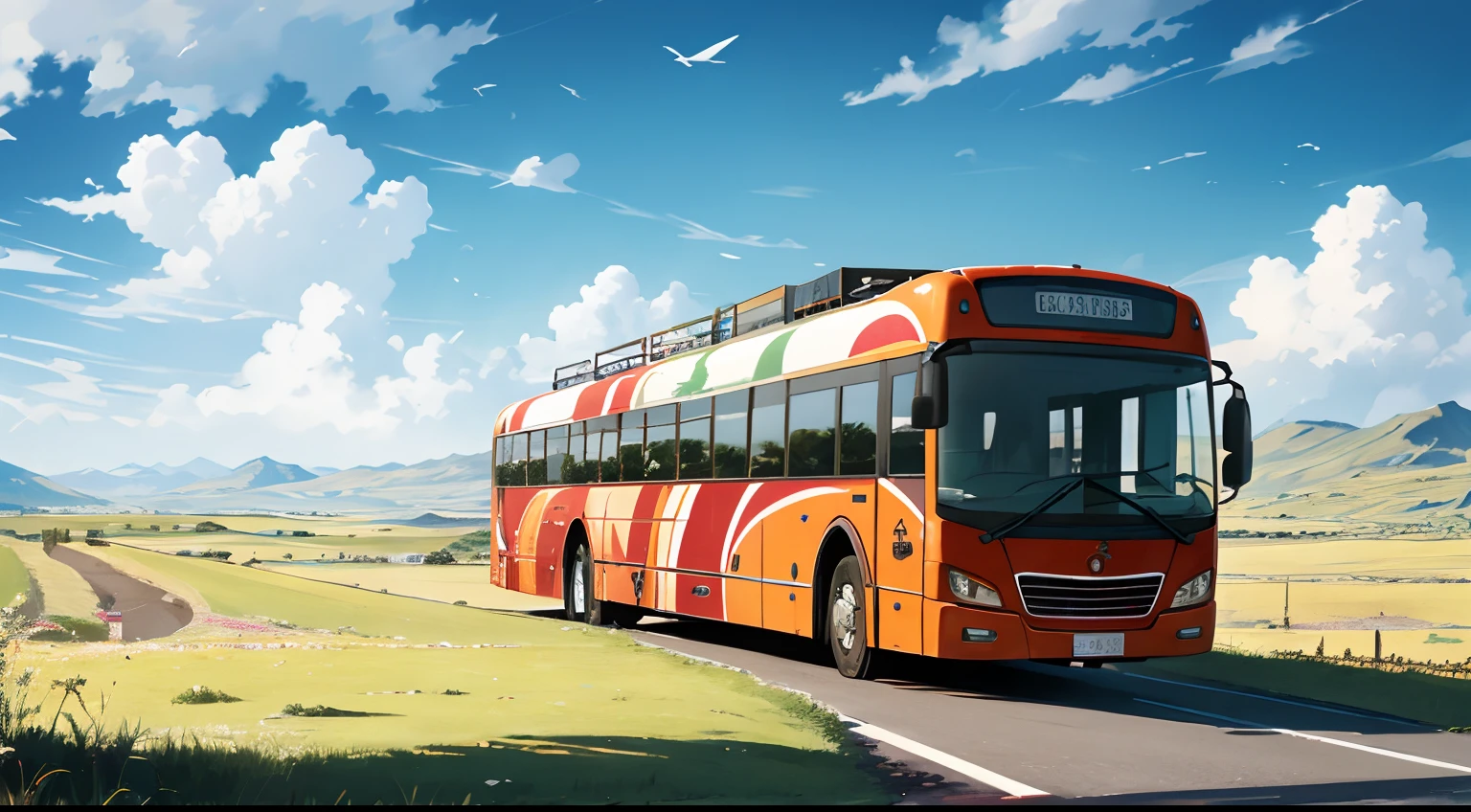 tmasterpiece,A high resolution,ultra - detailed,Trip,Tour bus,grass field,afar,mont,
