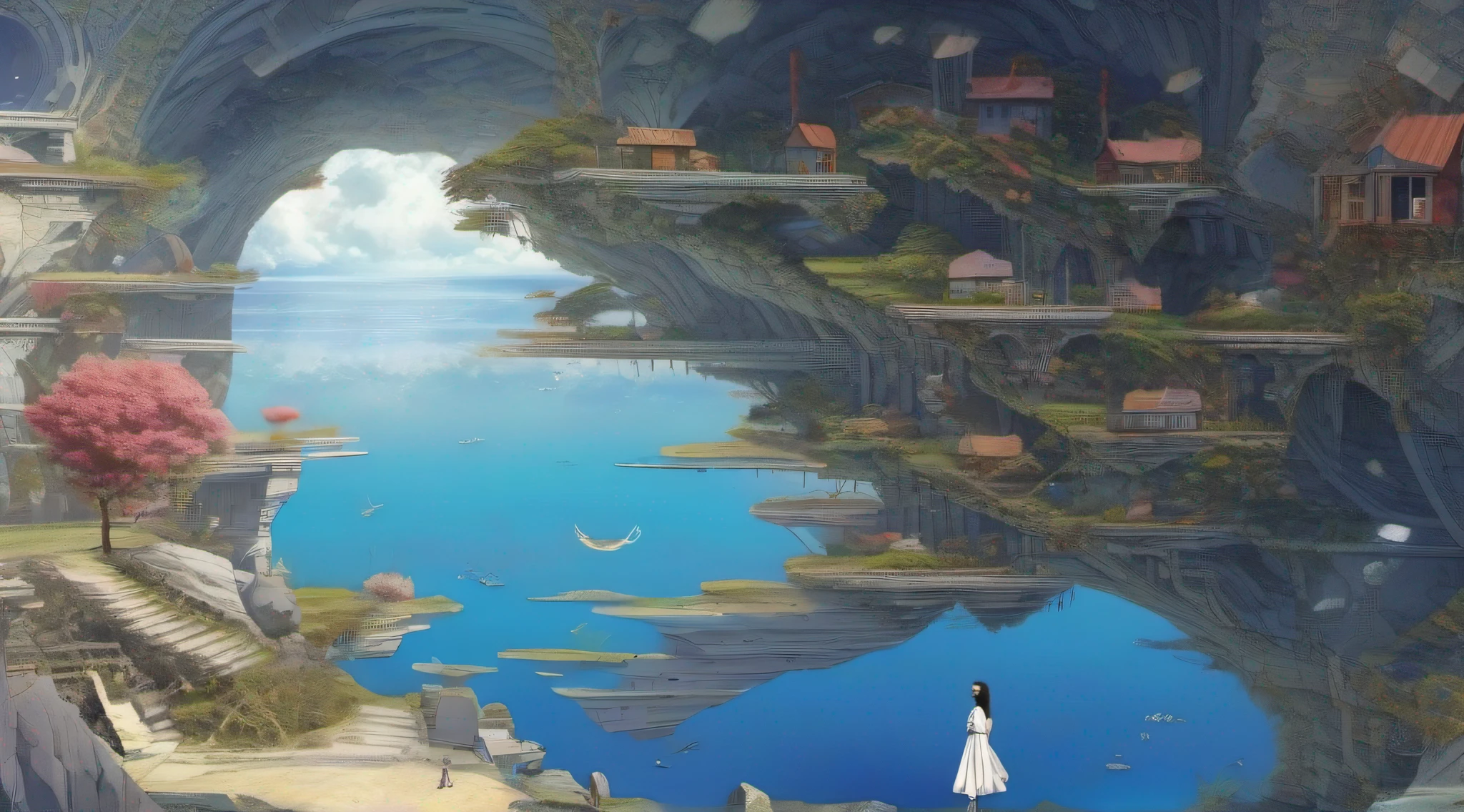 ccurate, best quality, masterpiece, UHD, high details, award winning, (Amazing:1.1), (Surrealism), Conceptual art, Verism, cinematic lighting, panorama, beautiful high school girl, (17 yr old), ((((full body)))), from side shot, picking flowers, dance, without looking at me, (((wearing simple school uniform))), black eyes, black hair, floating hair, ((8 life size)), detailed hairstyles, detailed bodyline, anatomically correct, (((she is lost in a surreal world of dreamlike landscapes))), A floating island in the sky, Quiet village with ruins and colorful houses, shallow sea, Horizon, ((beautiful Blue sea)), blue sky, paradise scenery, flowers, wind flow, (((fantasy))), frontier, (magnificent space),