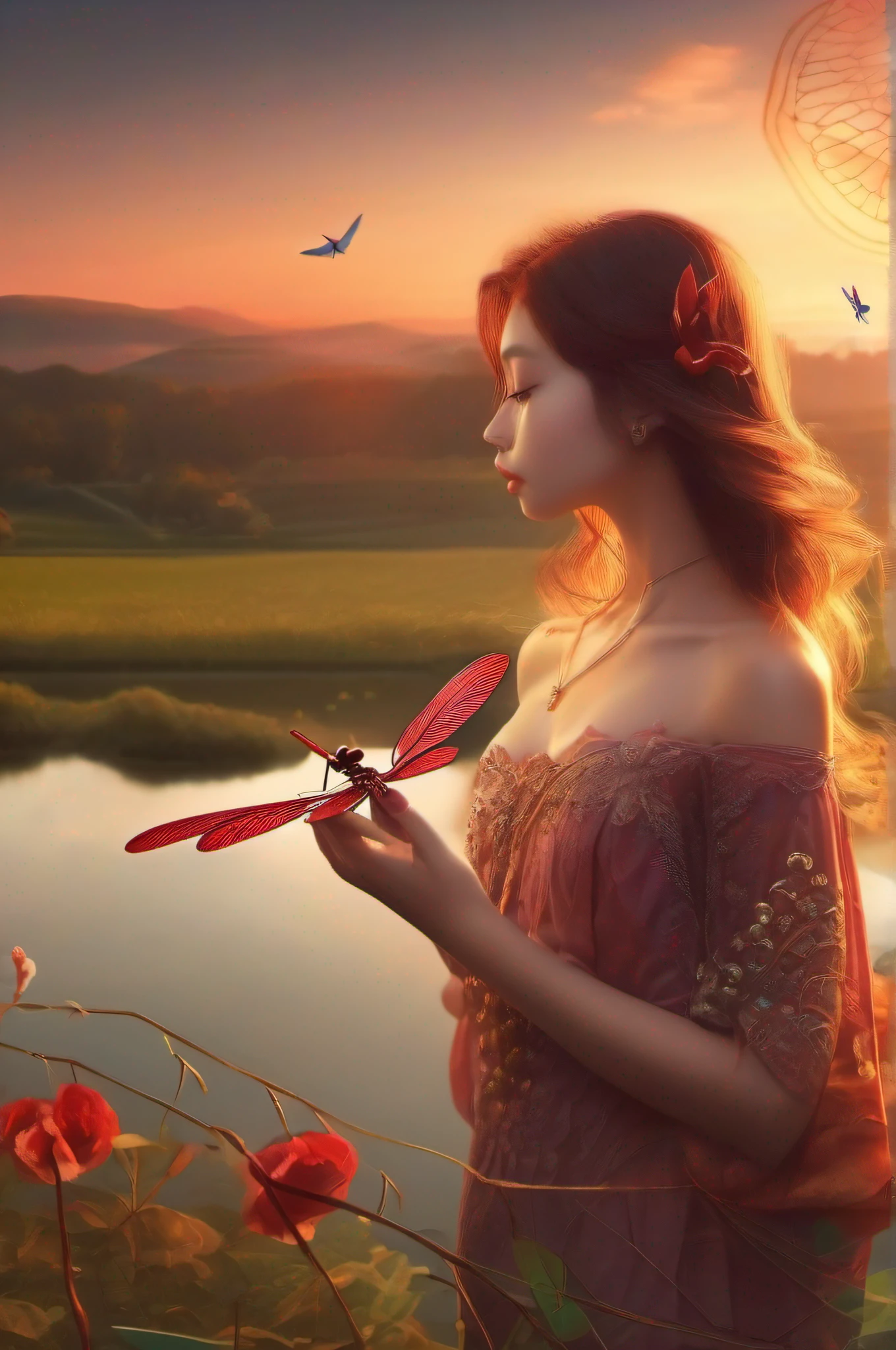 A red dragonfly is perched on the fingers of a beautiful girl、Beautiful countryside sunset