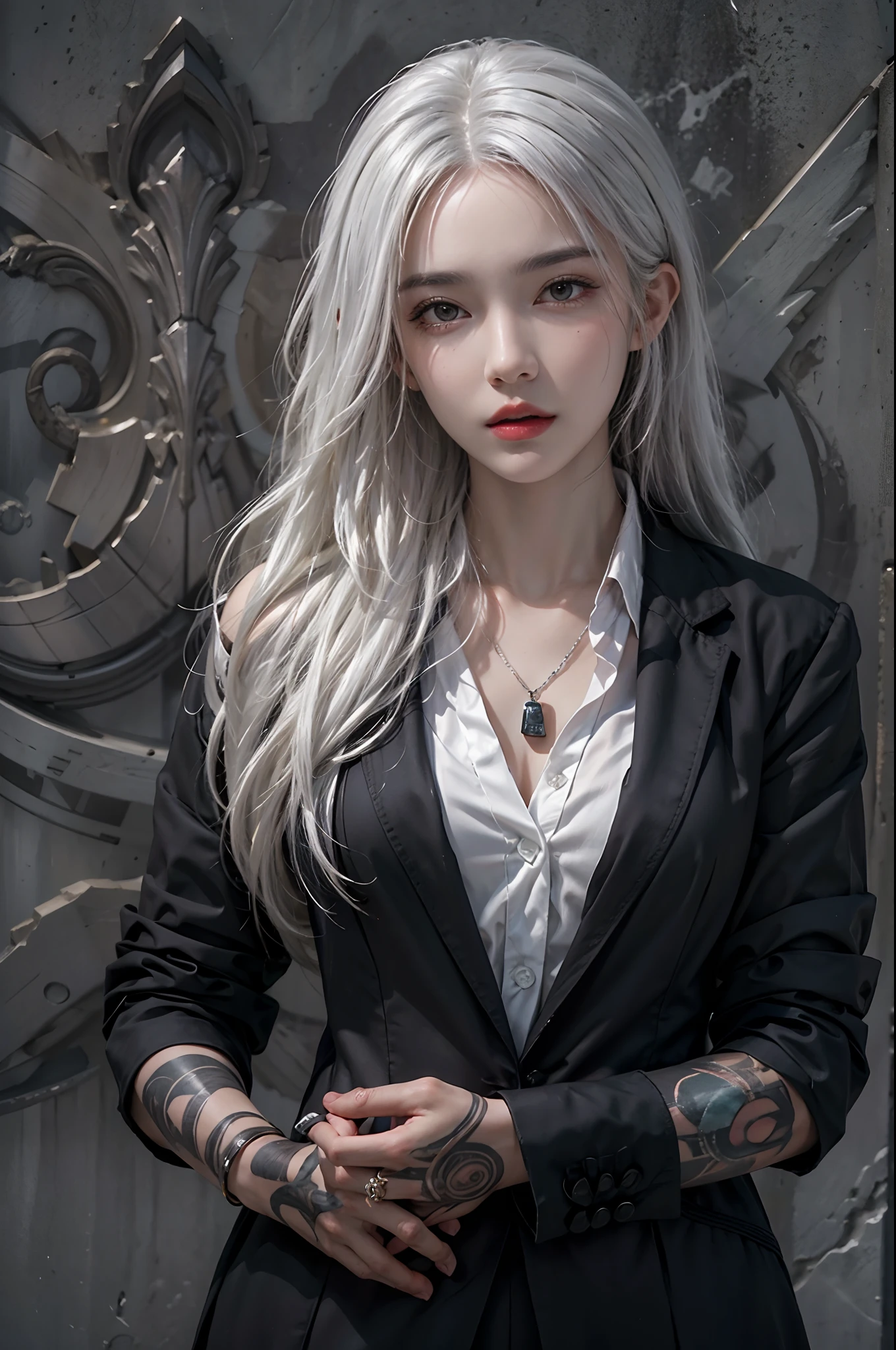photorealistic, high resolution, 1women, solo, hips up, look at viewer, (detailed face), white hair, long hair, black business suit, mafia, tattoo, jewelry