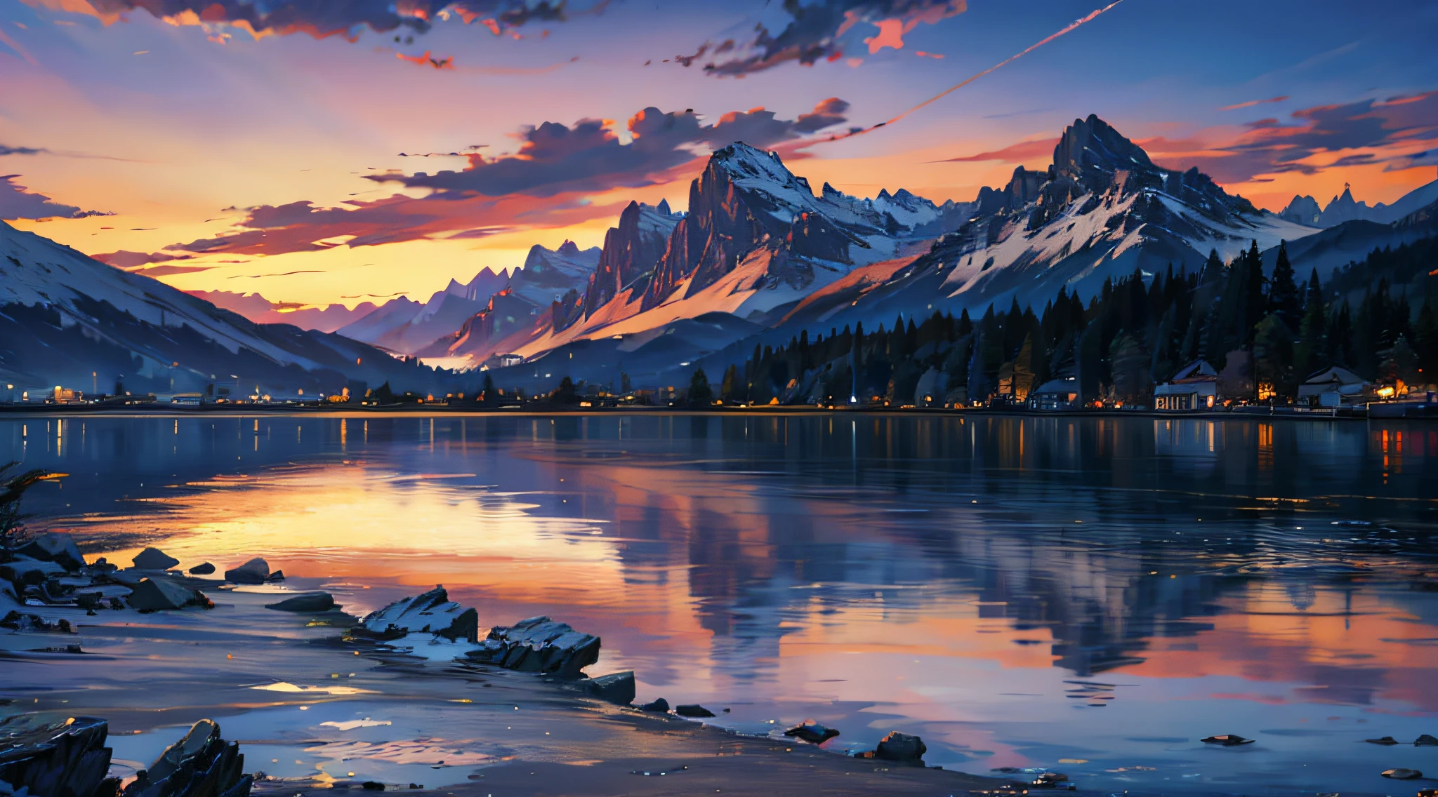 Highest image quality,European twilight,High mountains in the distance,Lakeside building,beautiful cloud,Gorgeous lake,