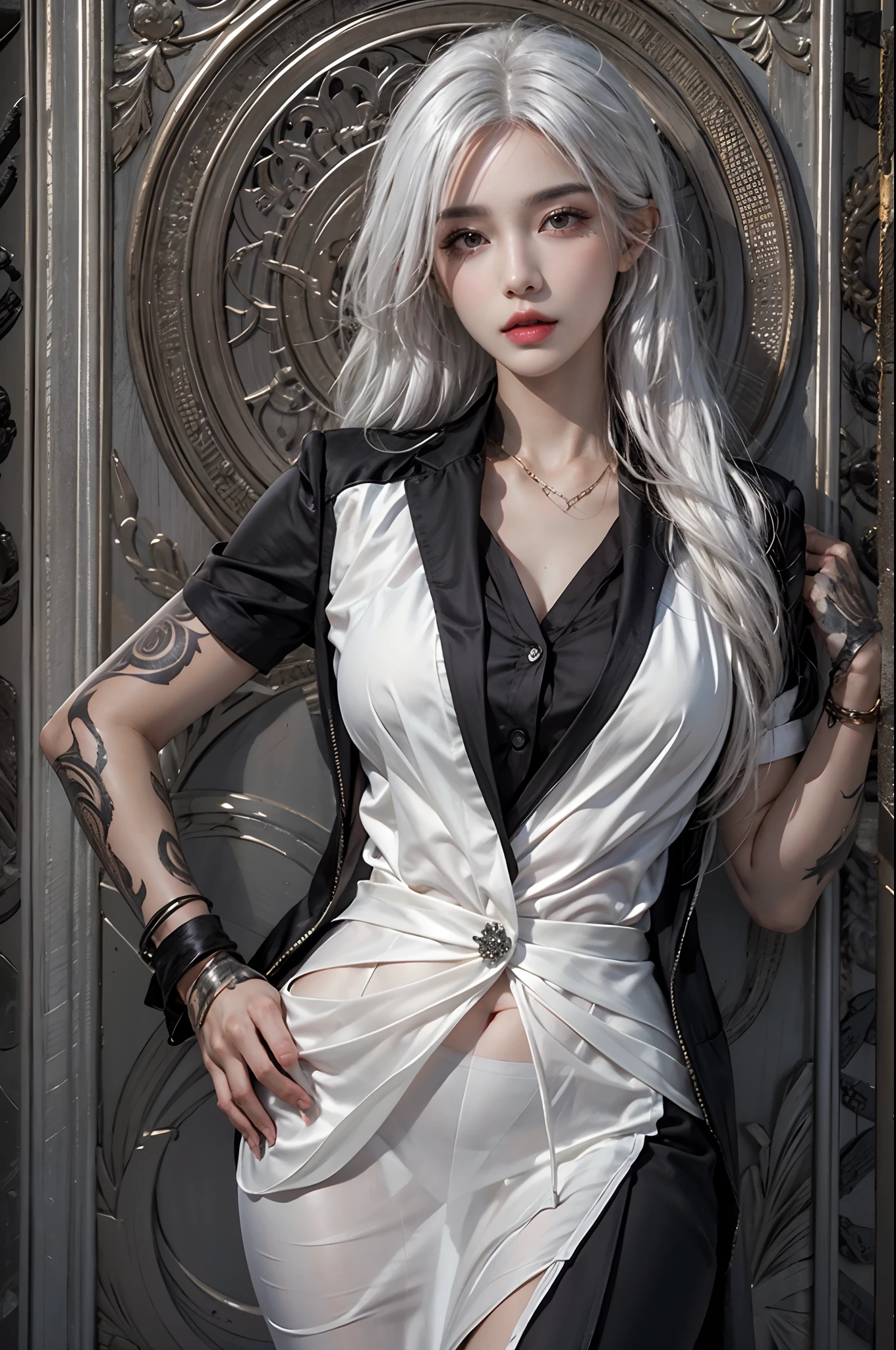photorealistic, high resolution, 1women, solo, hips up, look at viewer, (detailed face), white hair, long hair, black business suit, mafia, tattoo, jewelry