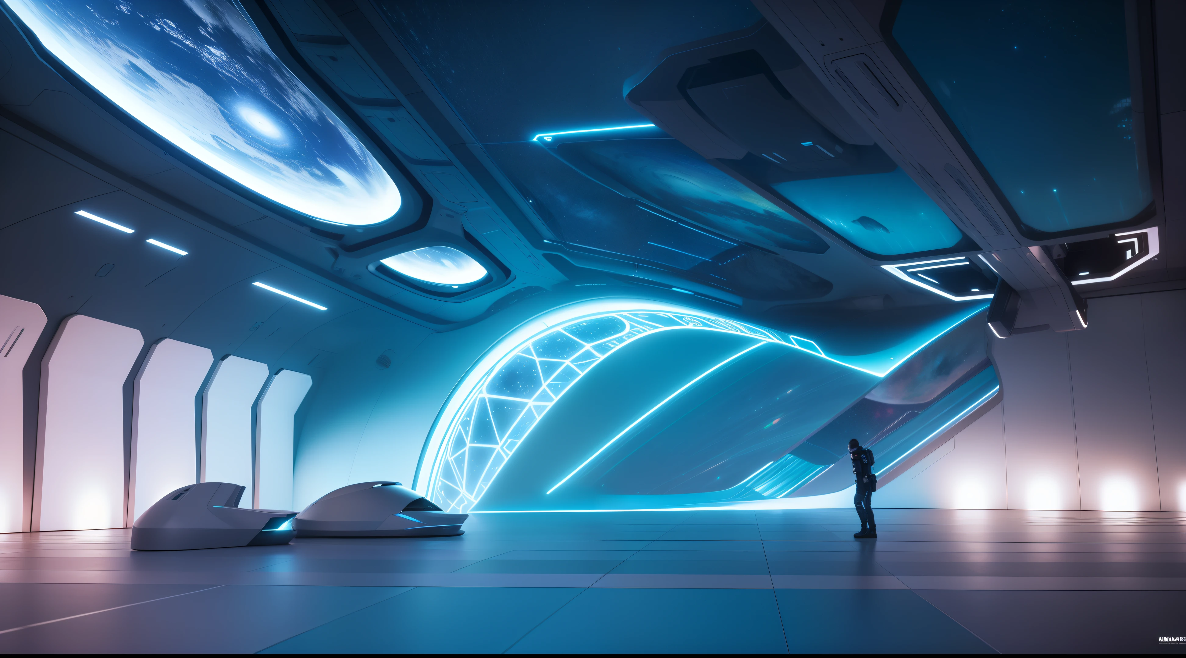 This is the hall of an oversized spaceship,The hall is full of colorful and beautiful lights,A lot of sci-fi elements,Future elements,Sci-fi background,Futuristic scenes,detailed cinematic rendering, Unreal Engine renders concept art, Solo Performance Unreal Engine, cinematic render unreal engine, depicted as a scifi scene, 8k hd concept art, cinematic scifi shot, 8 k concept art, illusory engine. cinematic Film still from, 8k concept art,There are small flying machines,The machine of the future,cosmic starry sky,space