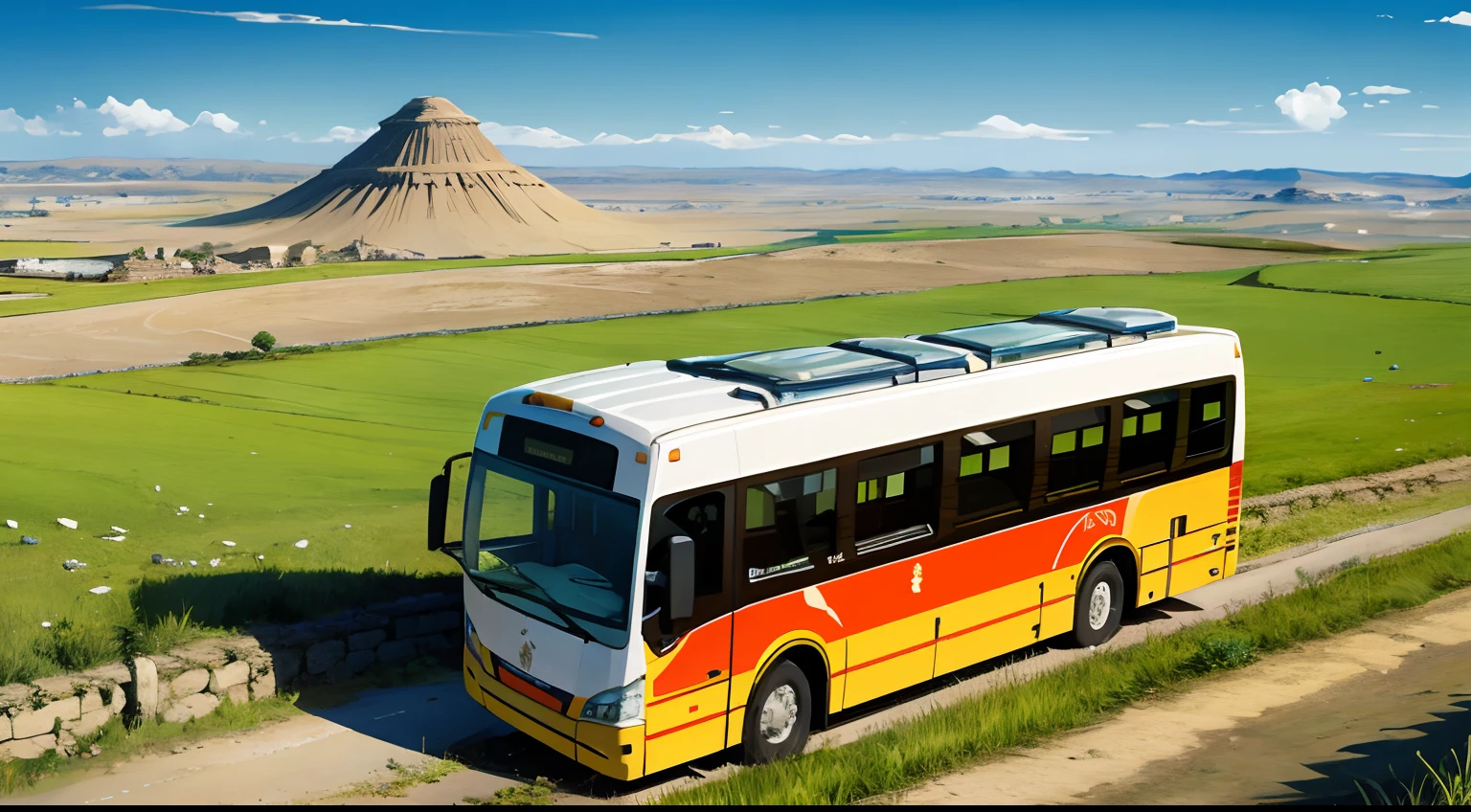 tmasterpiece,A high resolution,ultra - detailed,Trip,Tour bus,grass field,afar,mont,