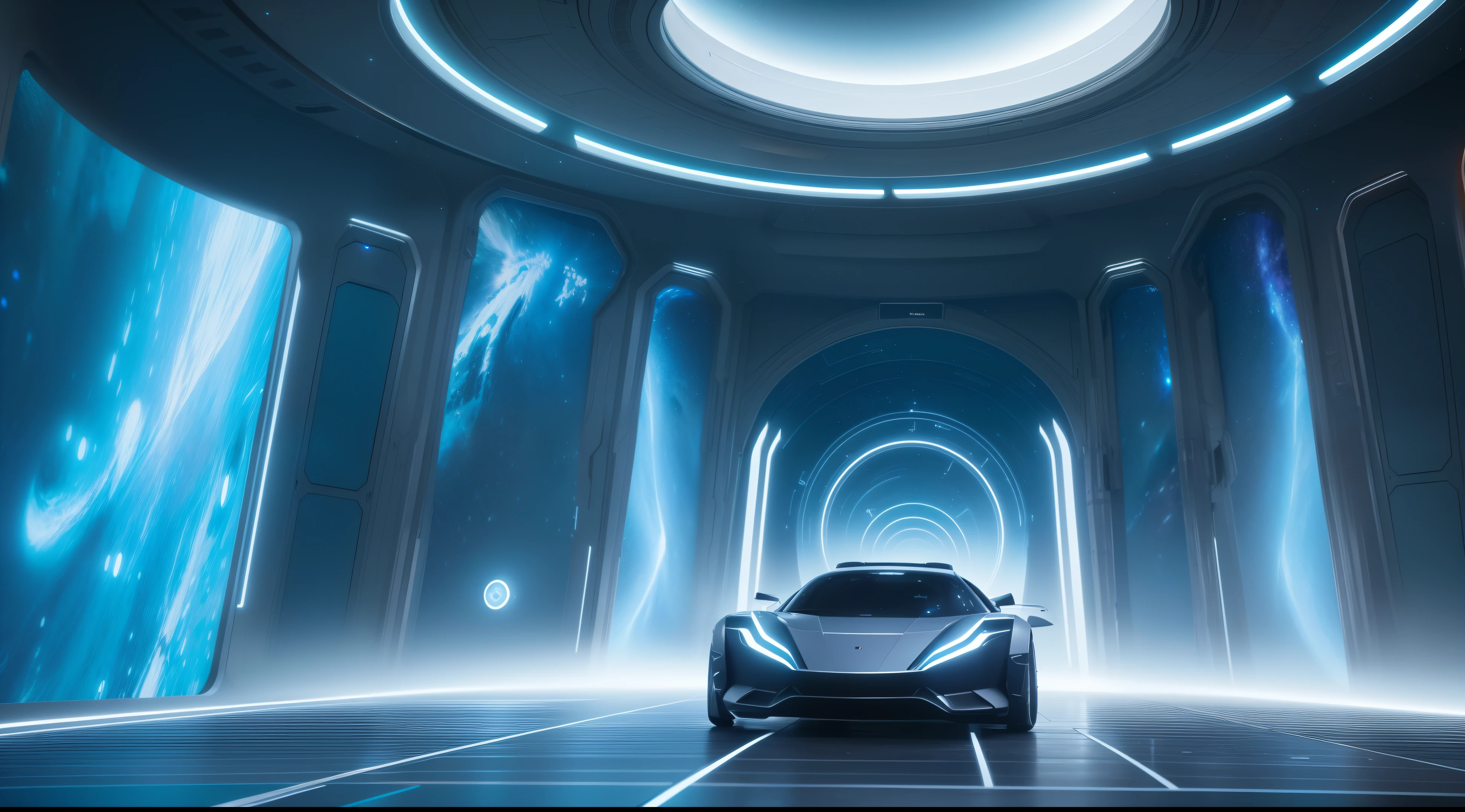 This is the hall of an oversized spaceship,The hall is full of colorful and beautiful lights,A lot of sci-fi elements,Future elements,Sci-fi background,Futuristic scenes,detailed cinematic rendering, Unreal Engine renders concept art, Solo Performance Unreal Engine, cinematic render unreal engine, depicted as a scifi scene, 8k hd concept art, cinematic scifi shot, 8 k concept art, illusory engine. cinematic Film still from, 8k concept art,There are small flying machines,The machine of the future,cosmic starry sky,space