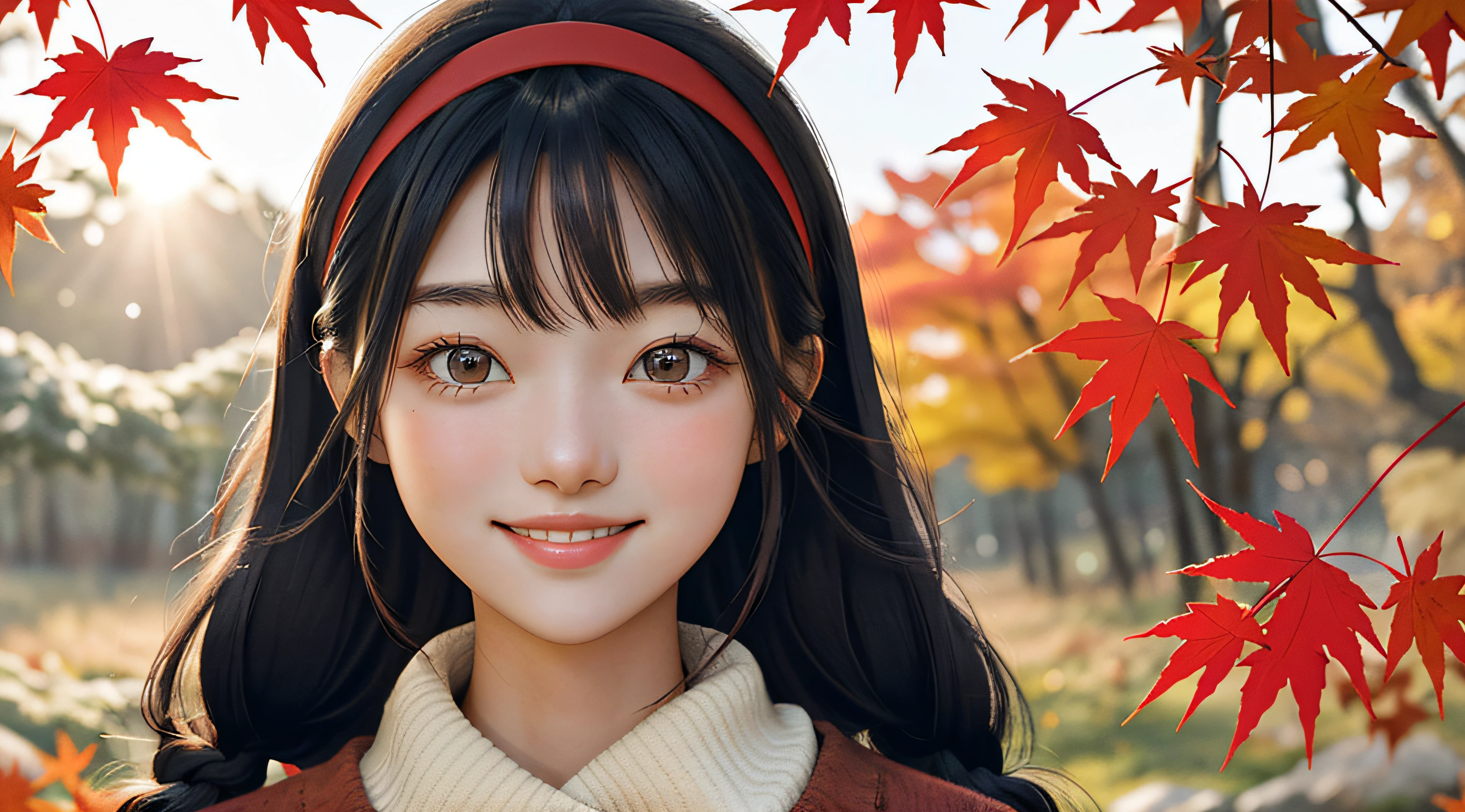 Autumn daylight，The sky is blue，Sunlight shines on the earth through the red maple leaves。The warm sun shines on a beautiful autumn foliage forest，It gave the whole scene a bright glow。On this beautiful autumn day，There is a cute and sweet girl who is eighteen-year-old，She has long black hair，Qi bangs and double braids make her look more playful and cute。The girl wears a lilac sweater and jeans，Comes with a red headband，Show her youthful and energetic side。
In the corner of the autumn foliage forest with red maple leaves，She stood quietly among the autumn leaves，Maple leaves gently fall with the breeze。Her thick eyebrows and big eyes revealed a hint of shyness，slight blush on cheeks。The girl smiled and looked at the audience，Her smile is gentle and sweet，It's as warm as the sun。She places her hands naturally at her sides，Show her confidence and beauty。
Her smile revealed a glow of happiness，Like a bright star。Flawless teeth shine in a smile，Exudes a white glow。On this beautiful autumn day，She became the brightest presence in the entire scene。The youthful vitality and innocence exuding from her make people fall for it，It is as if I have seen the infinite beauty of autumn。