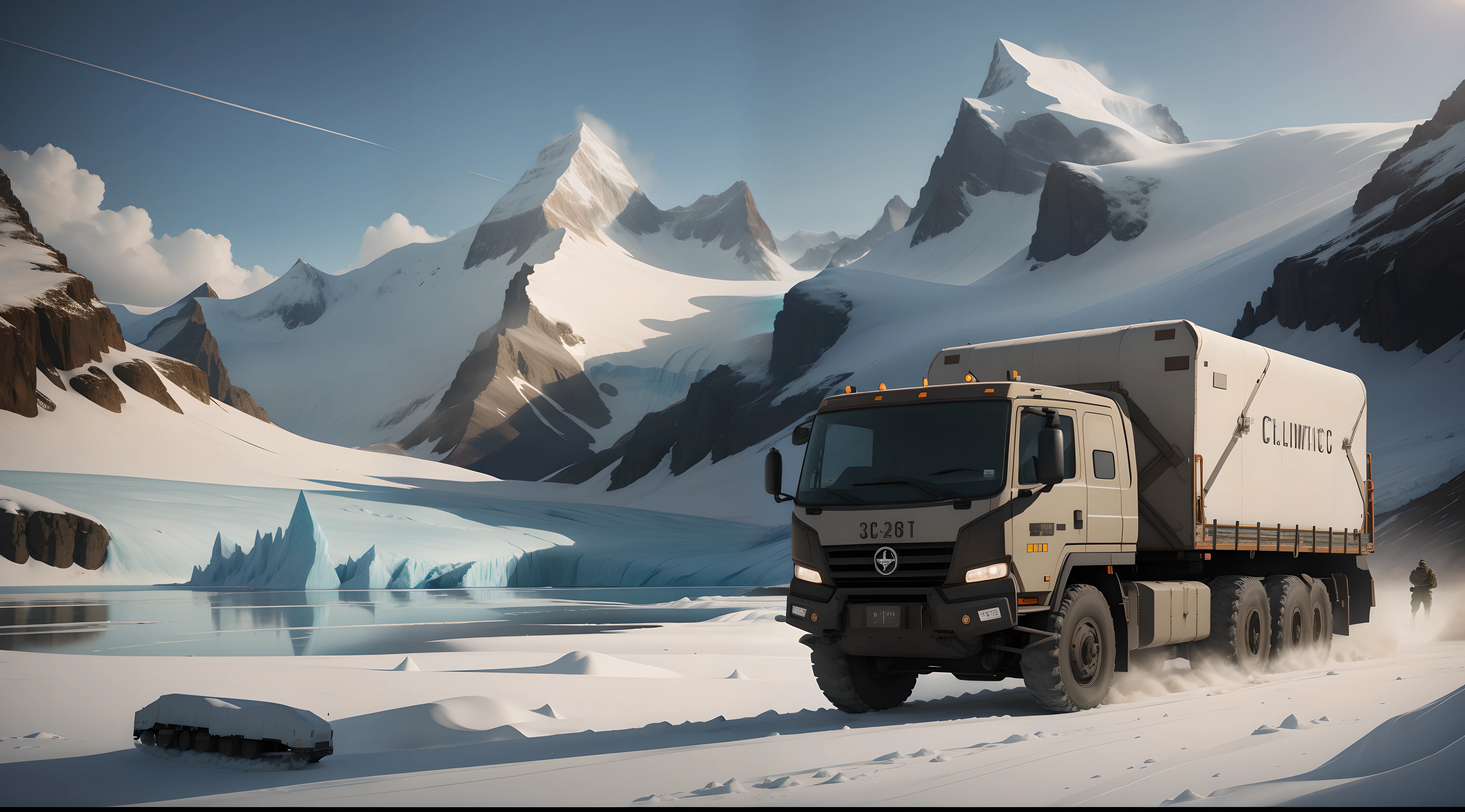 Cinematic texture，Realiy，Super fine，Reality Photos，Artistic sense，Military heavy delivery vehicles，Glacier crossing，More amount of detail，Super realistic photos
