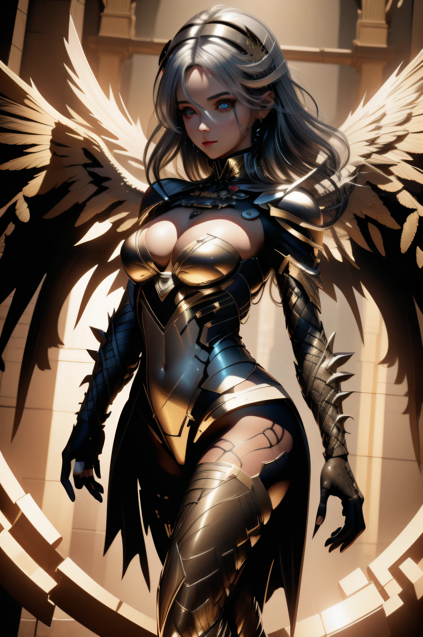 (masterpiece:1.3),(best quality:1.2),8k,absurdres,unity 8k wallpapper,(extremely detailed:1.3),highestres, 1girl, large_breast ,heterochromia, white hair, black hair, split theme, angel,devil,wings,