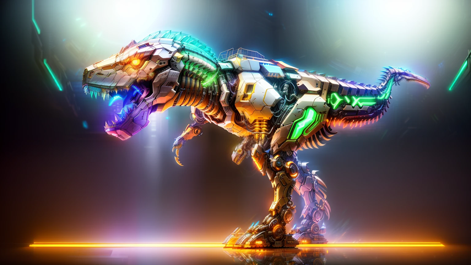 personification，transparent Mechanical Tyrannosaurus Rex，Cyberpunk, Dreamy Glow, Luminous neon lamp, ( Global illumination, raytracing, HDR, unreal render,reasonable design, high detailed, masterpiece, best quality, UHD, Cinematic Lighting), mecha musume