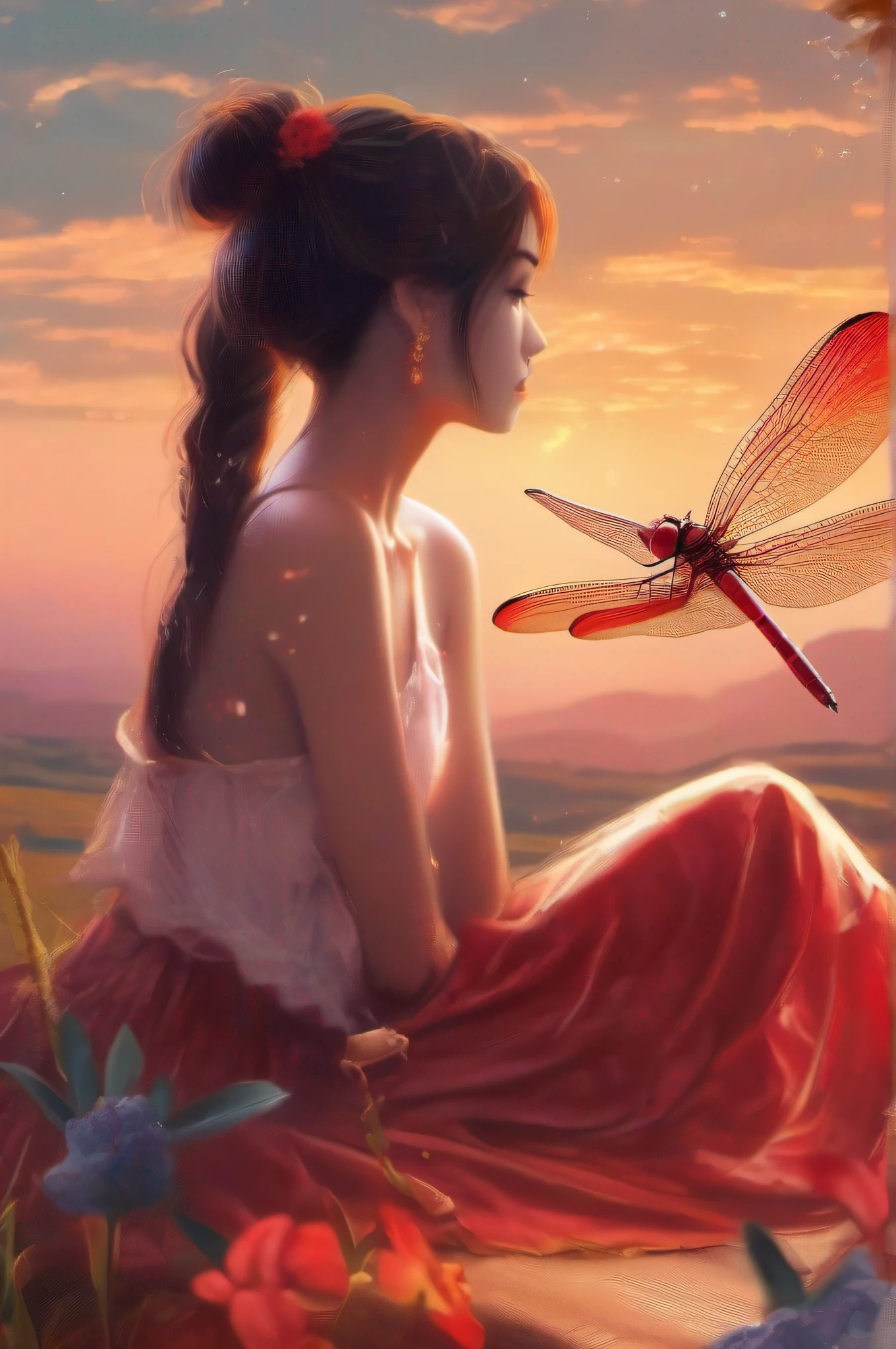 A red dragonfly is perched on the fingers of a beautiful girl、Beautiful countryside sunset