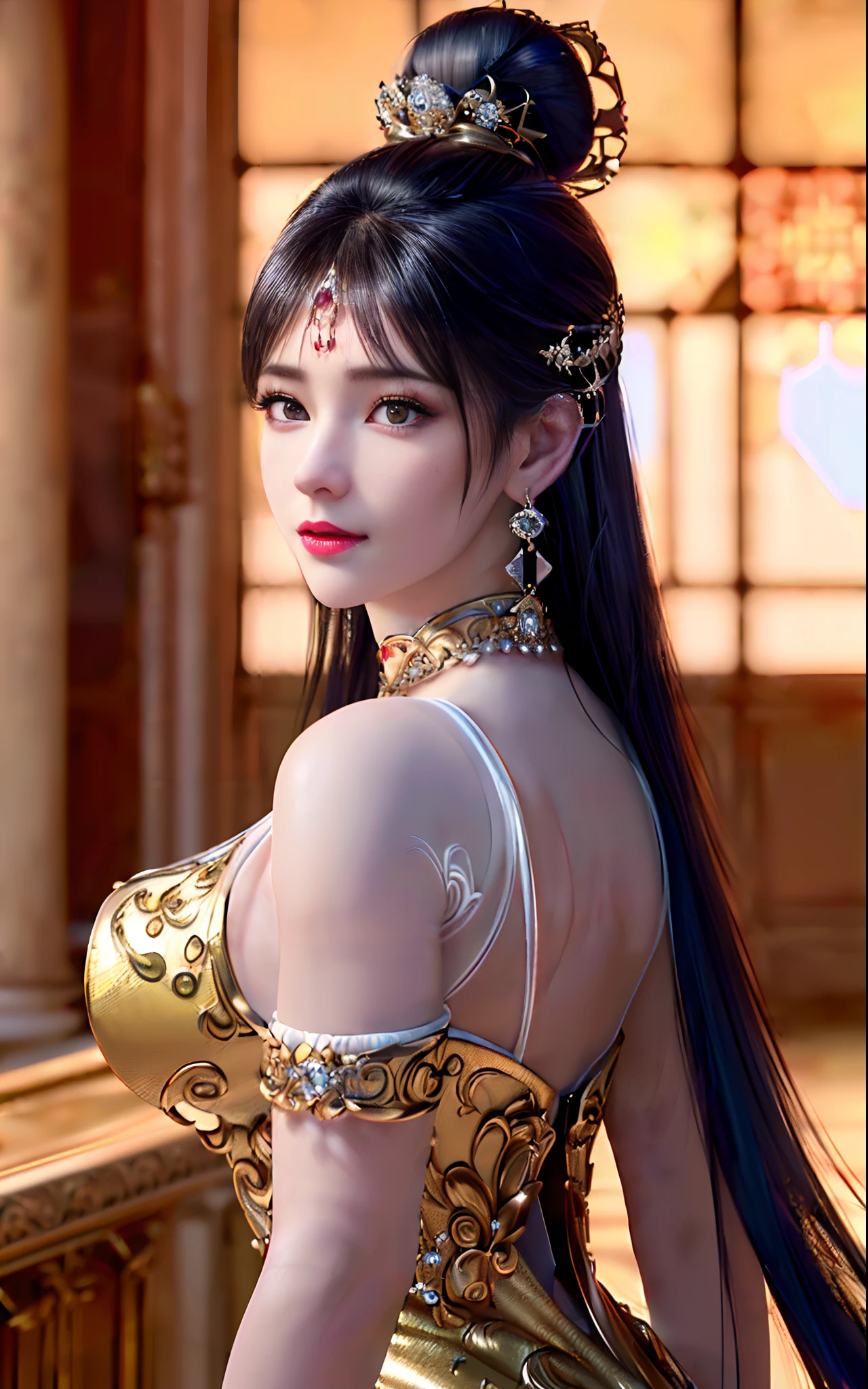 ((realisticity: 1.2)), ((realistic: 8K UHD)), ((best resolution: 8K UHD)), hyper detailed, best quality,masterpiece,highres,cg,
((1 hyper detailed and hyper realistic girl)), ((very beautiful queen dazzling, hyper realistic, and hyper detailed)),((white skin, beautiful, smooth, youthful, hyper realistic and hyper detailed
)), ((Hyper beautiful face, white, hyper realistic and hyper detailed)), long hair, ((hyper realistic and hyper detailed dress)), solo, ((hyper realistic, hyper beautiful, gorgeous and hyper detailed jewelry)), ((hyper beautiful, hyper realistic and hyper detailed dark red and golden yellow dress)),
((Hyper beautiful, hyper realistic, hyper detailed diamond filled earrings)),
((Hyper beautiful, hyper realistic and hyper detailed diamond filled hair ornament)), ((hyper beautiful upper body, hyper beautiful, hyper
realistic and hyper detailed)), ((big breasts: 2.5)),
((Hyper grand, hyper realistic and hyper detailed royal palace backgroun))
((Hyper beautiful, hyper beautiful, hyper realistic and hyper detailed hair bun)), ((hyper beautiful, hyper realistic and hyper detailed blue hair)),
candid, Photograph, high resolution, 8k,Bokeh,