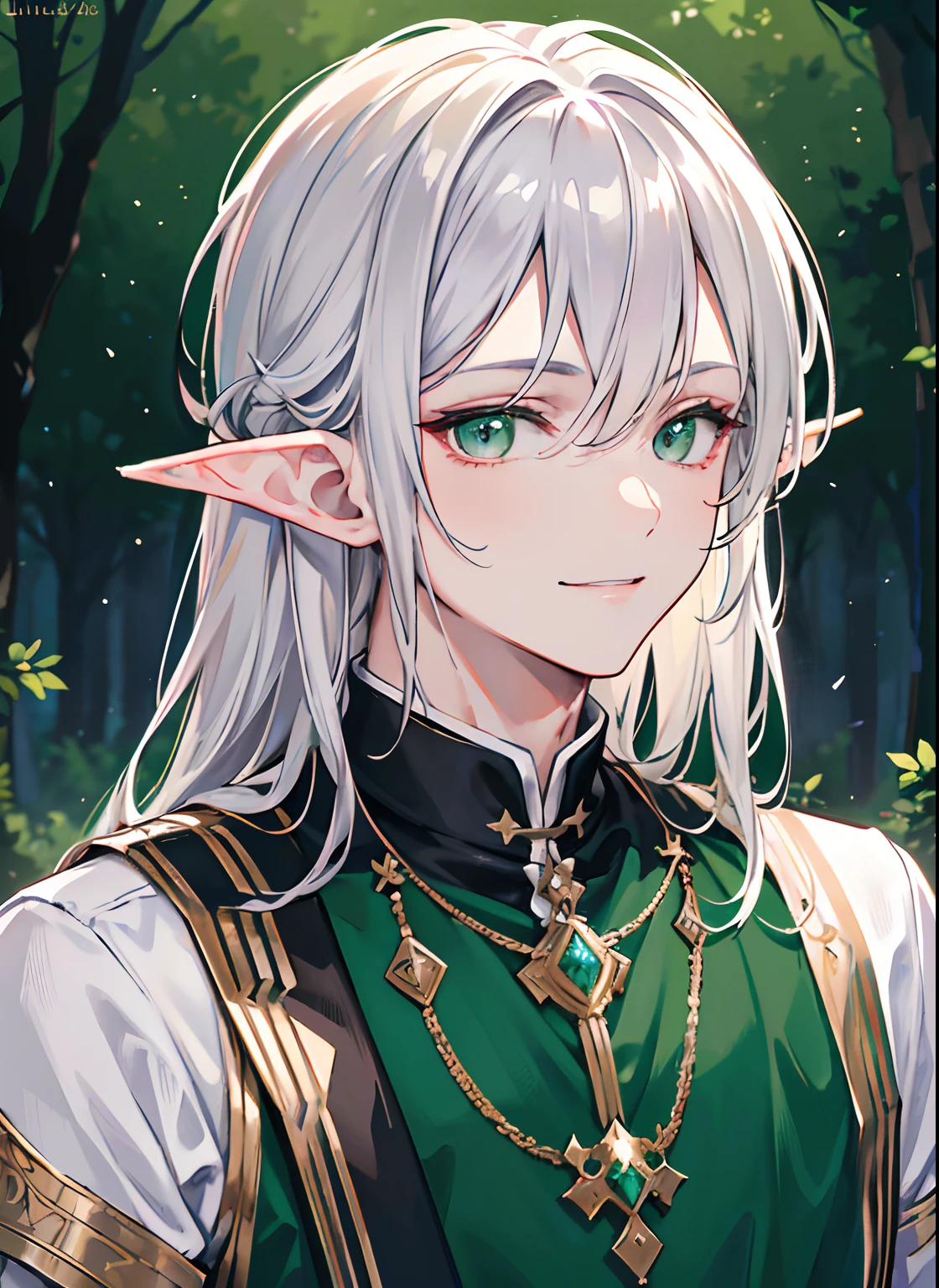 Best quality，tmasterpiece，A high resolution，Juvenile male，（Messy silver hair），Green eyes，flatchest，masculine features，Wearing elf costumes，Gorgeous accessories，Coquettish，The background is a forest，Elven race，Smiling，Face portrait。（Face portrait）。