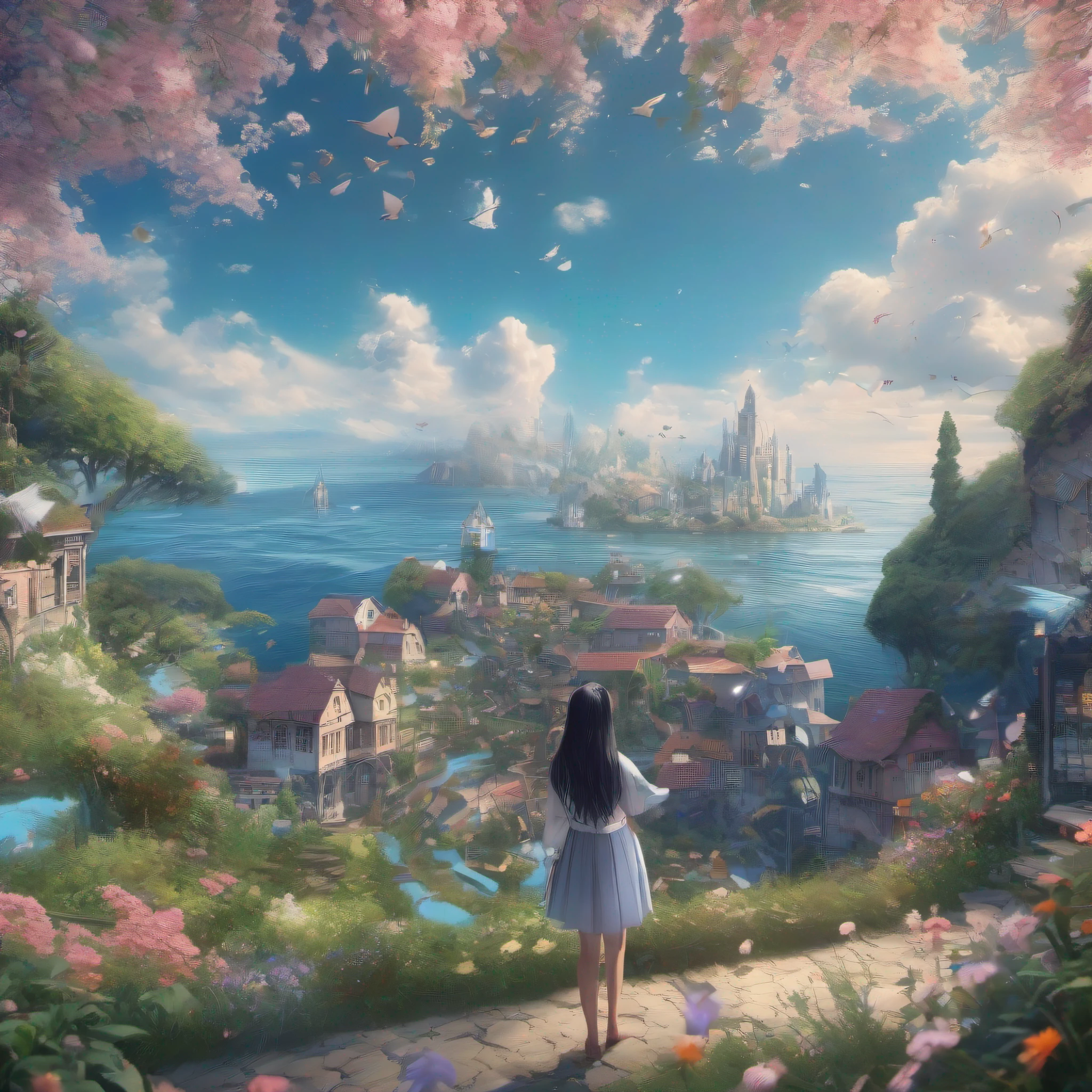 ccurate, best quality, masterpiece, UHD, high details, award winning, (Amazing:1.1), (Surrealism), Conceptual art, Verism, cinematic lighting, panorama, beautiful high school girl, (17 yr old), ((((full body)))), from behind, picking flowers, dance, without looking at me, (((wearing simple school uniform))), black eyes, black hair, floating hair, ((8 life size)), detailed hairstyles, detailed bodyline, anatomically correct, (((she is lost in a surreal world of dreamlike landscapes))), A floating island in the sky, Quiet village with ruins and colorful houses, shallow sea, Horizon, ((beautiful Blue sea)), blue sky, paradise scenery, flowers, wind flow, (((fantasy))), frontier, (magnificent space),