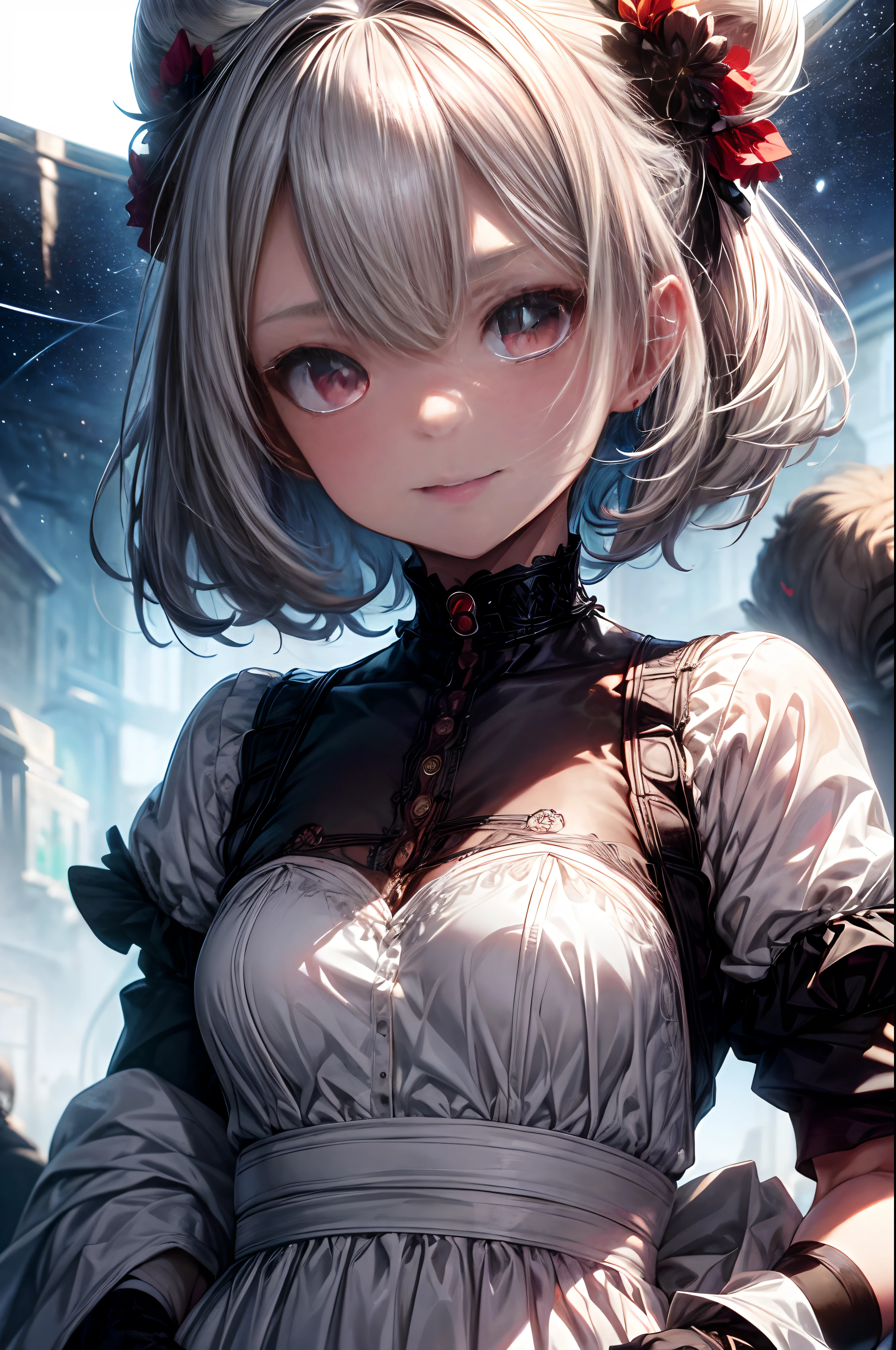 (masterpiece), (best quality:1.1), (ultra-detailed:1.1), (an extremely delicate and beautiful), 1 girl, beautiful face, (detailed face), mash kyrielight,White hair,short hair,red eyes,hair over one eye,girl,woman,female, little,child,10 years old, medium hair, curly hair, bangs, eyes visible through hair, side braid, white and black hair, multicolored hair, red inner color, beautiful detailed Glass hair, delicate beautiful face, evil grin, red pupils, fangs, small_breasts, pale blue eyes, white skin, choker, Crystalline purple gemstone gloves, nice hands, perfect hands, (close-up upper body:1.2), cowboy shot,blue eyes,(🦁,lion), gold hair,serious,long dress, Leo,signs of zodiac,power, stars, sun,flowers