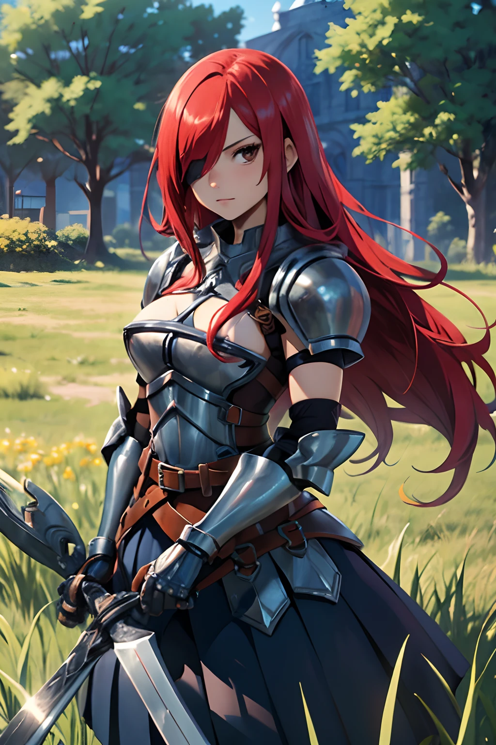 masterpiece, best quality, highres, fairy tail, 1girl, long hair, red hair, brown eyes, armor, shoulder armor, gauntlets, breastplate, armored dress, belt, pleated skirt, blue skirt, hair over one eye, field, grass, standing, cowboy shot, holding weapon, sword, cleavage