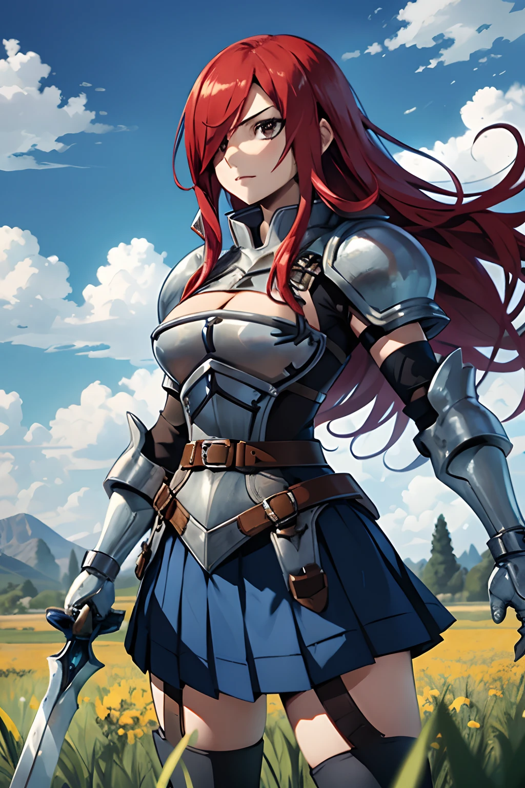 masterpiece, best quality, highres, fairy tail, 1girl, long hair, red hair, brown eyes, armor, shoulder armor, gauntlets, breastplate, armored dress, belt, pleated skirt, blue skirt, hair over one eye, field, grass, standing, cowboy shot, holding weapon, sword, cleavage