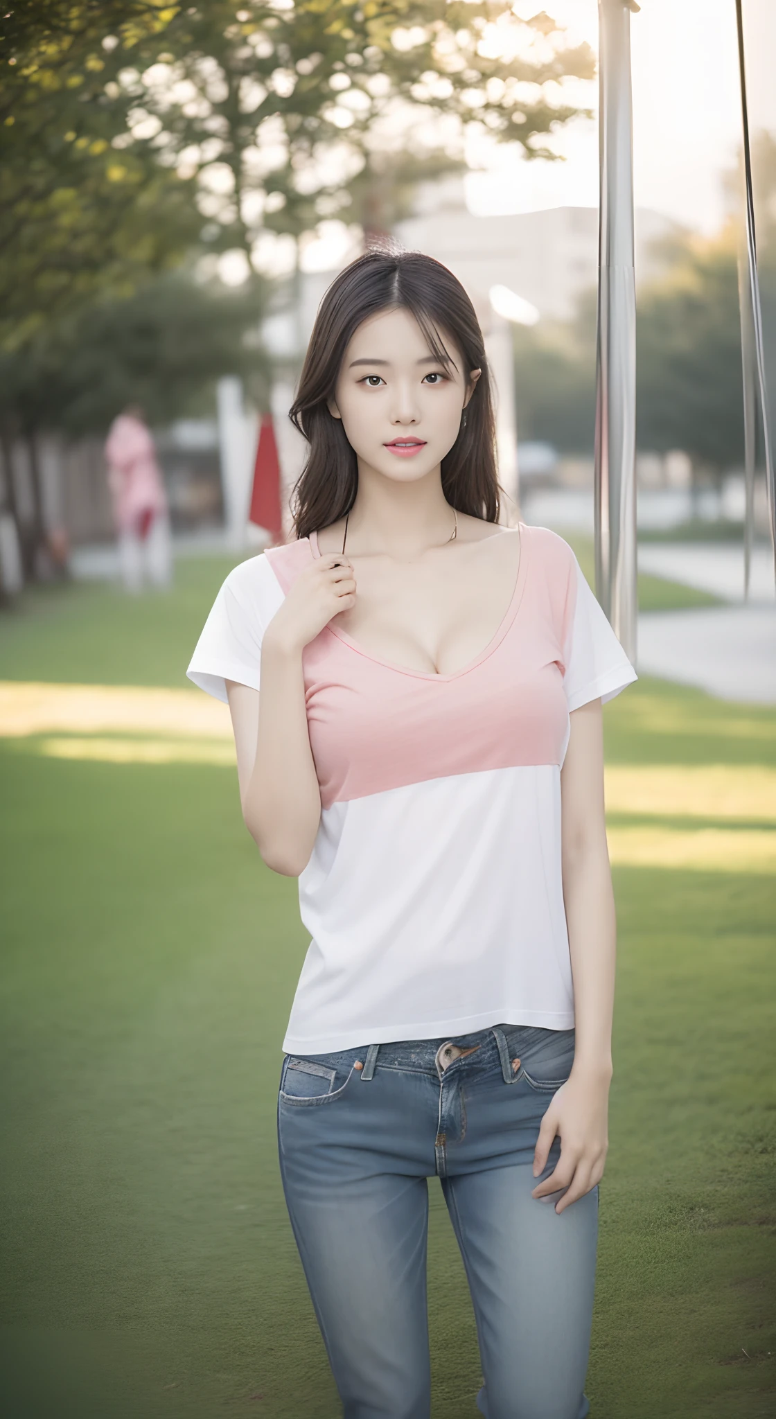((Best quality, Masterpiece: 1.3,complexdetails:1.4)), (Wet clothes: 1.1), (rain, grassy fields: 1.3), 1 beautiful woman taking pictures on the grass,RAW photos,tmasterpiece,(highdetailskin:1.2),8k ultra high definition,digital SLR camera,gentlesoftlighting,high high quality,filmgrain,富士XT3,20-year-old Asian woman,Wear a T-shirt and skinny jeans,Detailed clothing details:1.3,perfect body figure,Perfect breasts and nipple bulge,The legs are straight and slender,Branded stylish shoes:0.6,Super detailed facial details and skin,Fair pink face and skin,The skin is pink,with light glowing,二重まぶた,Super detailed eyes,(Gloss on lips, eyeslashes, Glossy face, Best quality, Super high resolution, warm color,Wide lighting, naturalshadow), The catwalk is sexy and coquettish, Full body shooting: 1.8