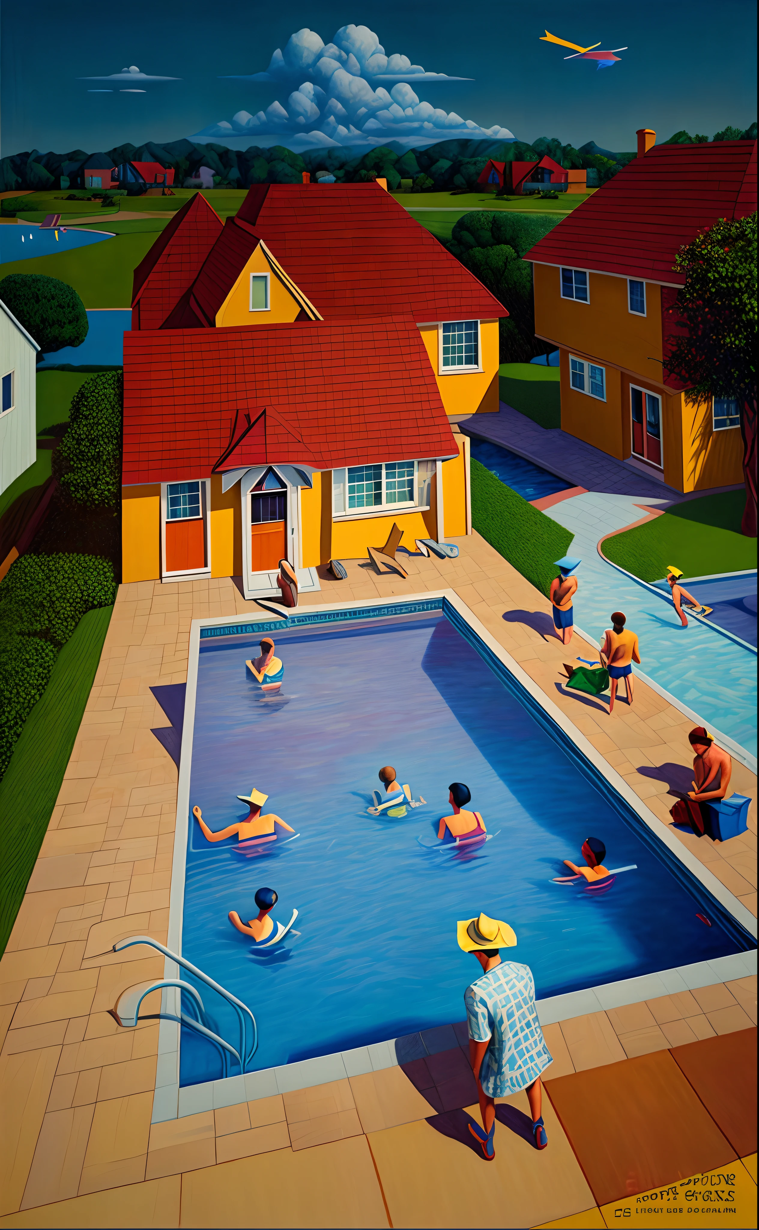 painting of a pool with origami people swimming in it and a house in the background, by Stevan Dohanos, happy colors. rob gonsalves, inspired by John Philip Falter, inspired by David Inshaw, inspired by Robert Ballagh, inspired by Archibald Motley, by David Inshaw, inspired by Stevan Dohanos