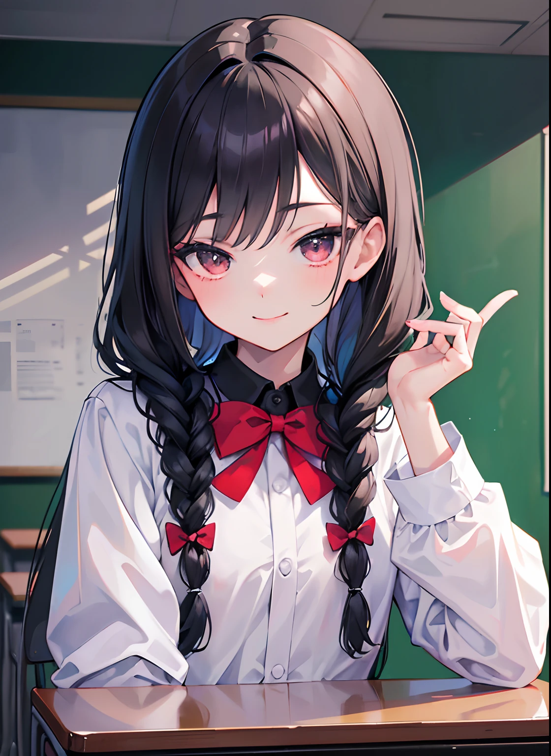 Best quality,tmasterpiece,A high resolution,Juvenile male,(Ling black braids),black in color,flatchest,masculine features,Wearing a Japanese high school girl school uniform,Lady Lady,Coquettish,The background is the classroom,Smiling,Face portrait。(Face portrait)。
