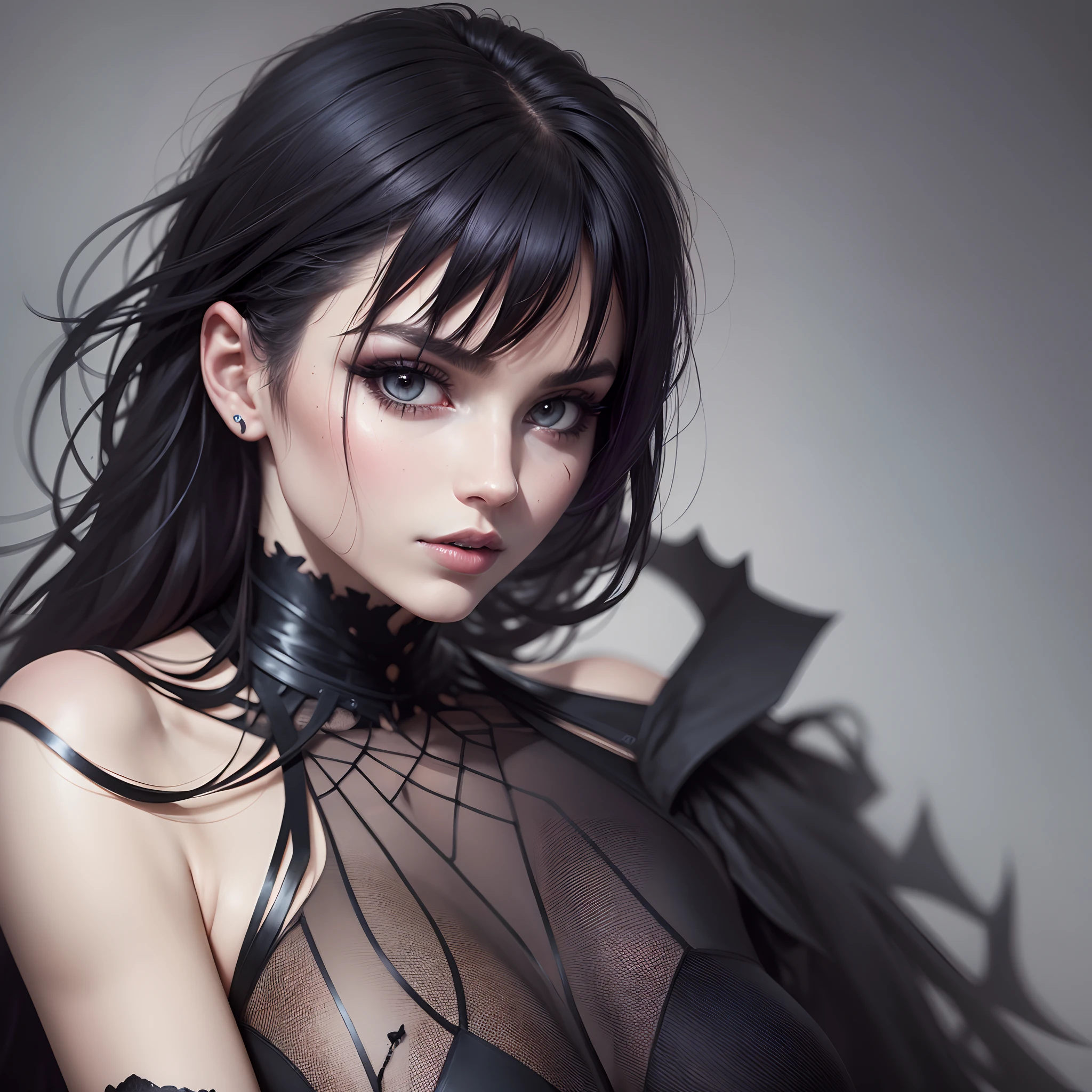 dark Goth woman, costume minimalistic, perfect face, fullbody, full shot, messy hair, delicate skin, realistic, photo-realistic, Masterpiece --auto --s2
