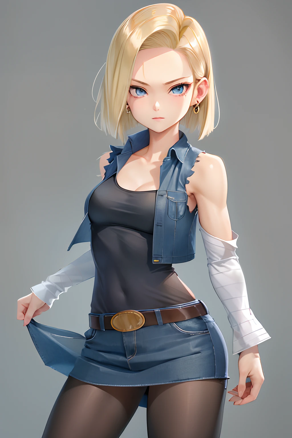 best quality, highres, and18, 1girl, android 18, solo, blonde hair, blue eyes, short hair, earrings, jewelry, denim vest, open vest, black pantyhose, black shirt, denim skirt, striped long sleeves, blue skirt, medium breasts, cowboy shot, street, off-the-shoulder, Strapless,