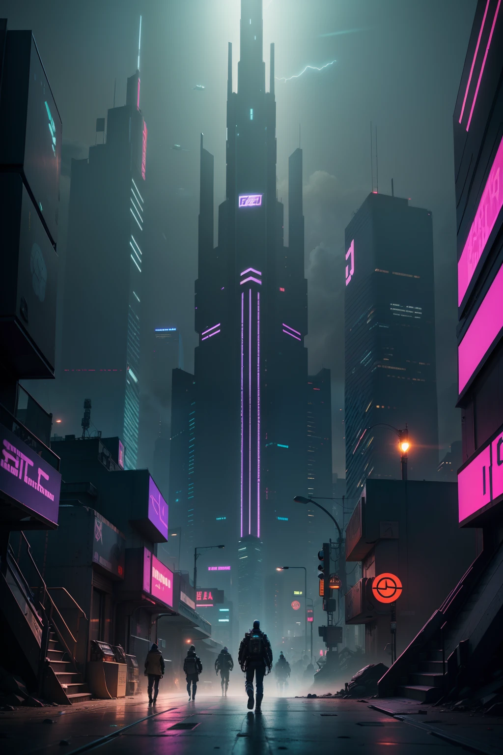 cyberpunk style, high tech, futuristic world, metropolis scene, mechanical transformation, digitalization, augmented reality, social issues, dark/low light effects, neon lights and shadows, dystopia, free will and control, corruption and injustice, technological elements, masterpieces, ultra-detailed details, 8K hd, highest quality, in this cyberpunk-style tech city, night falls and lights flicker. The hackers emerge from the busy alleyways, their eyes looking like cats with secrets. Savage neon lights are intertwined with high-tech equipment, and buildings pile up to tell unknown stories. The whole city is a stage, and electronics and metals form the tone of this mini world. Futuristic supertall buildings line the gaps, filled with flying cars. People walk through it as if they are in a future where the boundaries between fantasy and reality are blurred.
