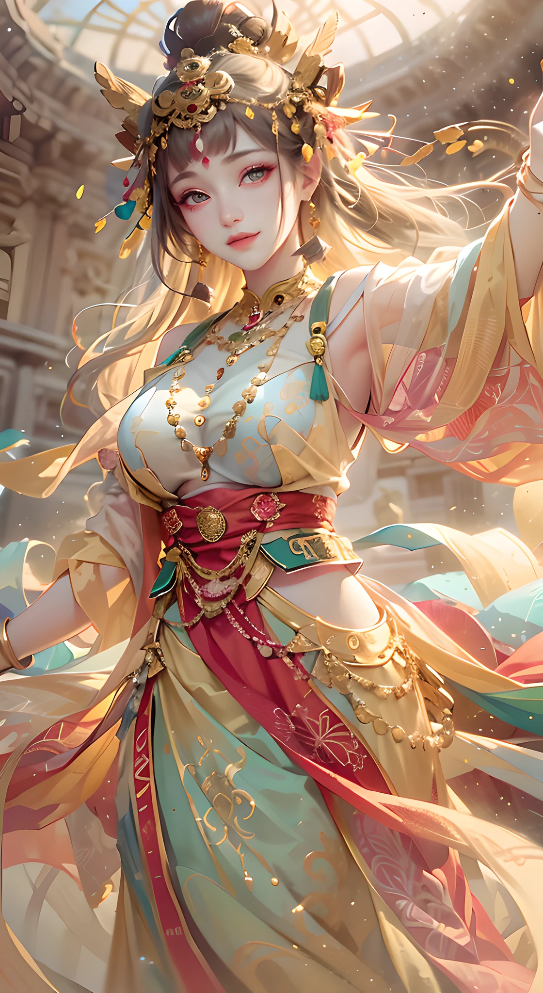 a female goddess,seducing smile, (((masterpiece))), ((best quality)), ((intricate detailed)), perspective, highly detailed, illustration,beautiful detailed eyes,seductive look, tsurime,glint,multicolored eyes,looking at viewer