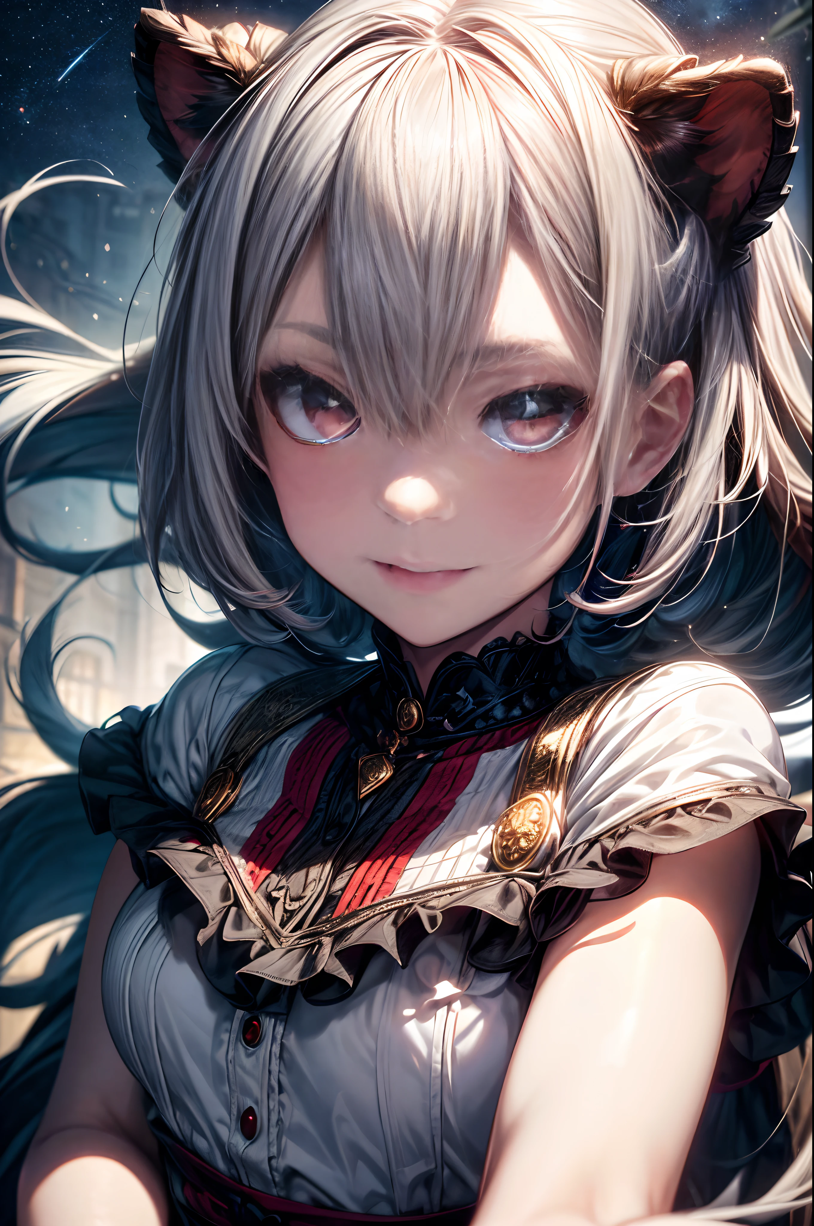 (masterpiece), (best quality:1.1), (ultra-detailed:1.1), (an extremely delicate and beautiful), 1 girl, beautiful face, (detailed face), mash kyrielight,White hair,short hair,red eyes,hair over one eye,girl,woman,female, little,child,10 years old, medium hair, curly hair, bangs, eyes visible through hair, side braid, white and black hair, multicolored hair, red  inner color, beautiful detailed Glass hair, delicate beautiful face, evil grin, red pupils, fangs, small_breasts, pale blue eyes, white skin, choker, Crystalline purple gemstone gloves, nice hands, perfect hands, (close-up upper body:1.2), cowboy shot,blue eyes,(🦁,lion), gold hair,serious,long dress, Leo,signs of zodiac,power, stars, sun,flowers