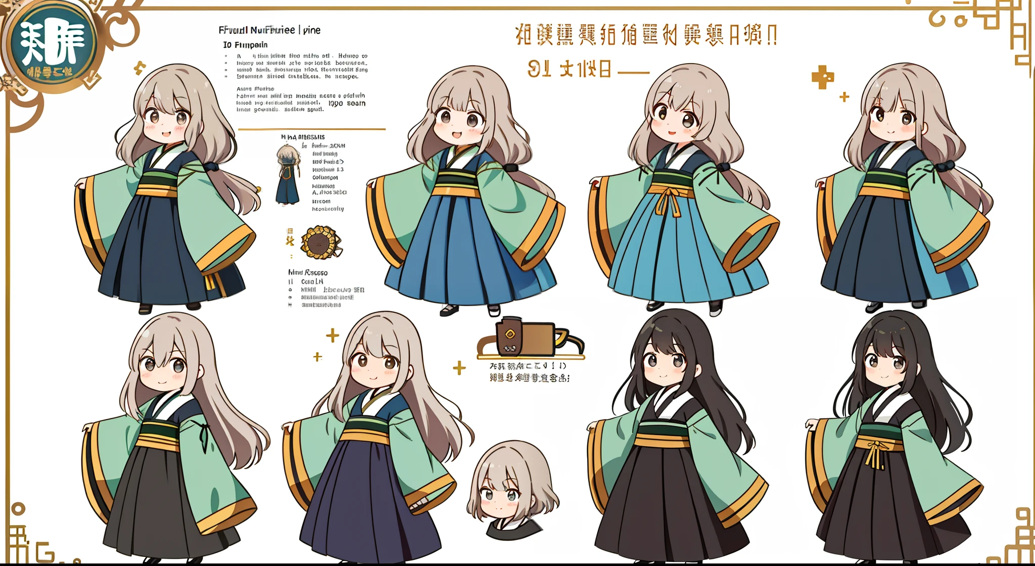 Cute girl reference table，cabelos preto e longos，ssmile，Hanfu，Gangnam，详细的脸，detailed hairs，Image IP，concept-art，concept art of character，Character sketches，reference sheet，Role table，frontage，the feet，Footwear，full bodyesbian，frontage，on  back，Lateral face，