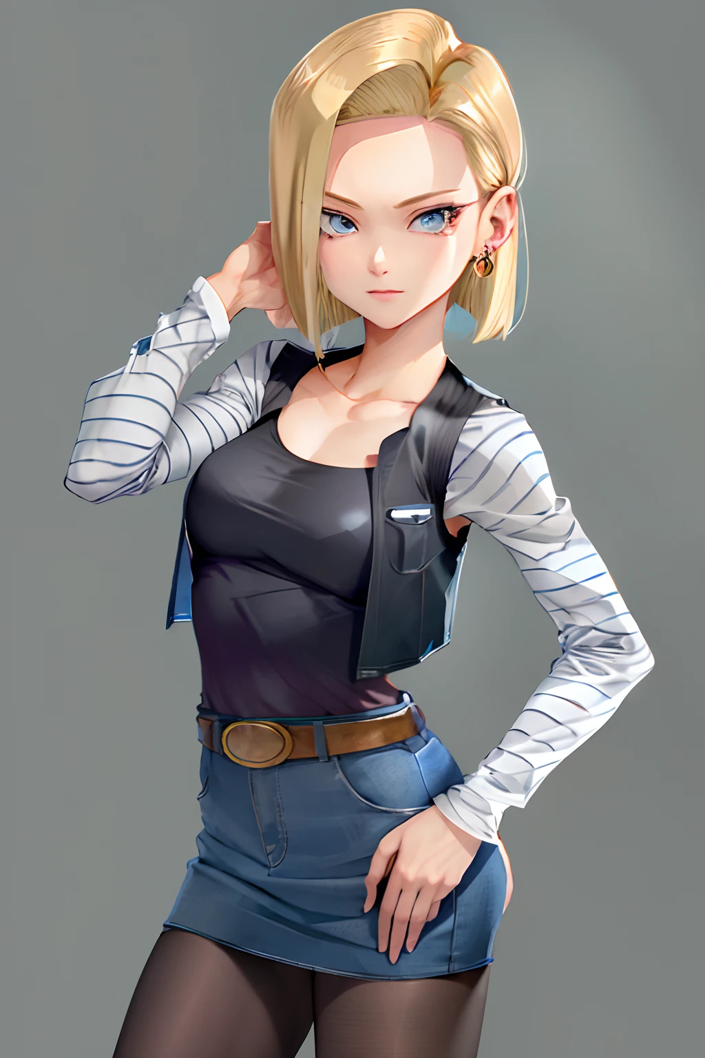 best quality, highres, and18, 1girl, android 18, solo, blonde hair, blue eyes, short hair, earrings, jewelry, denim vest, open vest, black pantyhose, black shirt, denim skirt, striped long sleeves, blue skirt, medium breasts, cowboy shot, street, off-the-shoulder, Strapless,