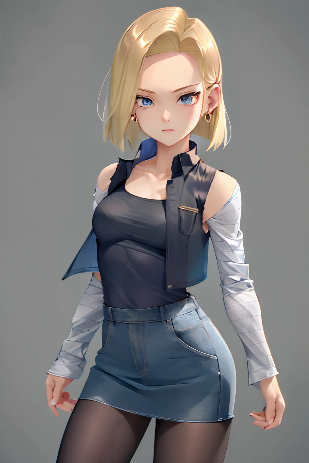best quality, highres, and18, 1girl, android 18, solo, blonde hair, blue eyes, short hair, earrings, jewelry, denim vest, open vest, black pantyhose, black shirt, denim skirt, striped long sleeves, blue skirt, medium breasts, cowboy shot, street, off-the-shoulder, Strapless,