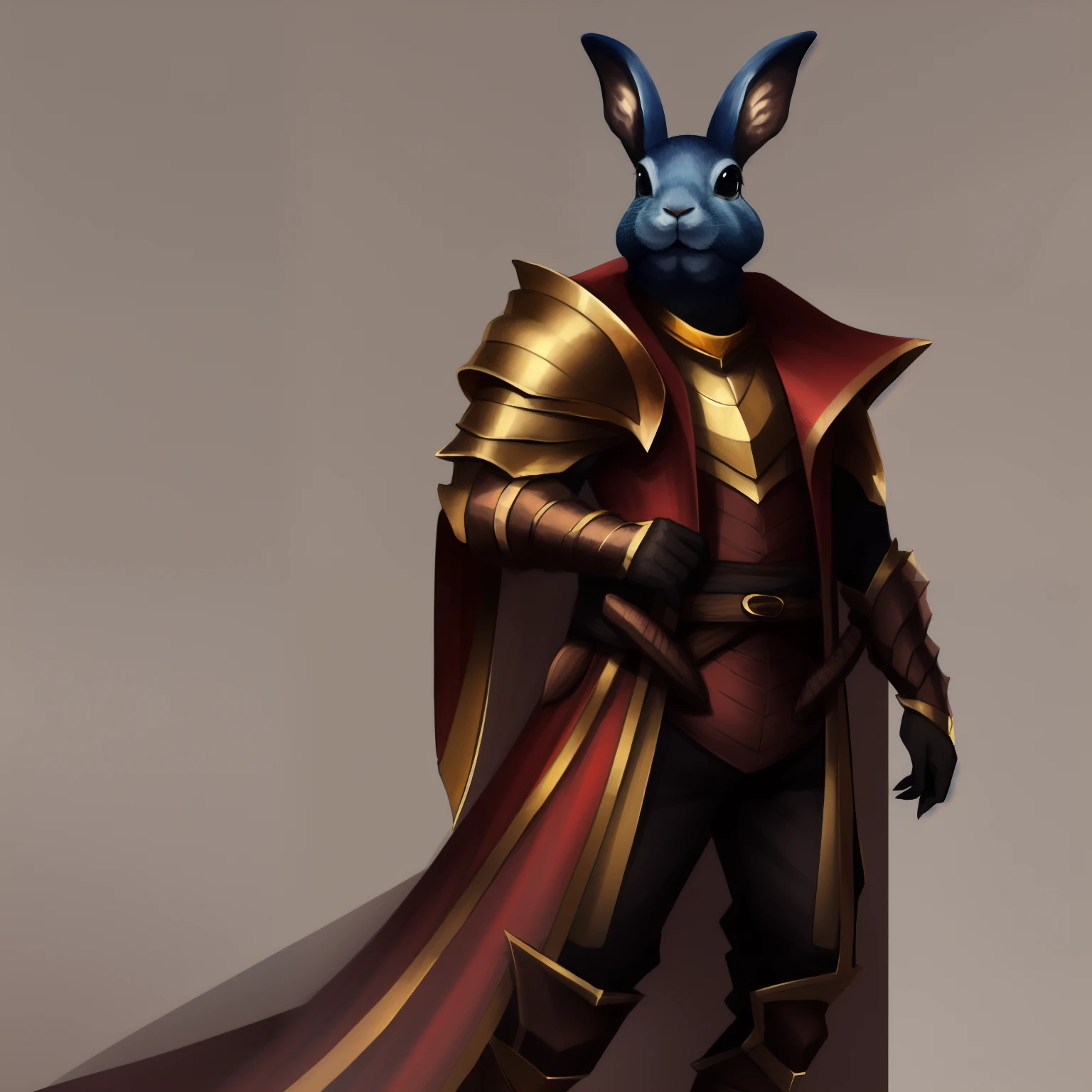 Image of a man in a rabbit-headed armor, anthropomorphic bunny, Wise Rabbit, sentado, with arms crossed