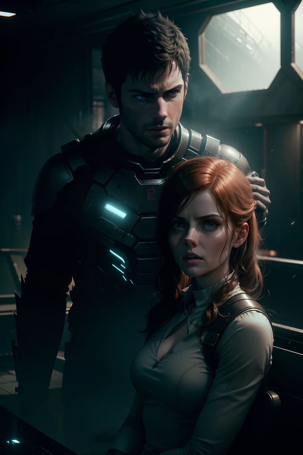 Sci Fi Horror Dead Space David Giuntoli and Amy Adams on Ishimura Haunted Ship photography, natural light, photorealism, cinematic rendering, ray tracing, the highest quality, the highest detail, Cinematic, Third-Person View, Blur Effect, Long Exposure, 8K, Ultra-HD, Natural Lighting, Moody Lighting, Cinematic Lighting