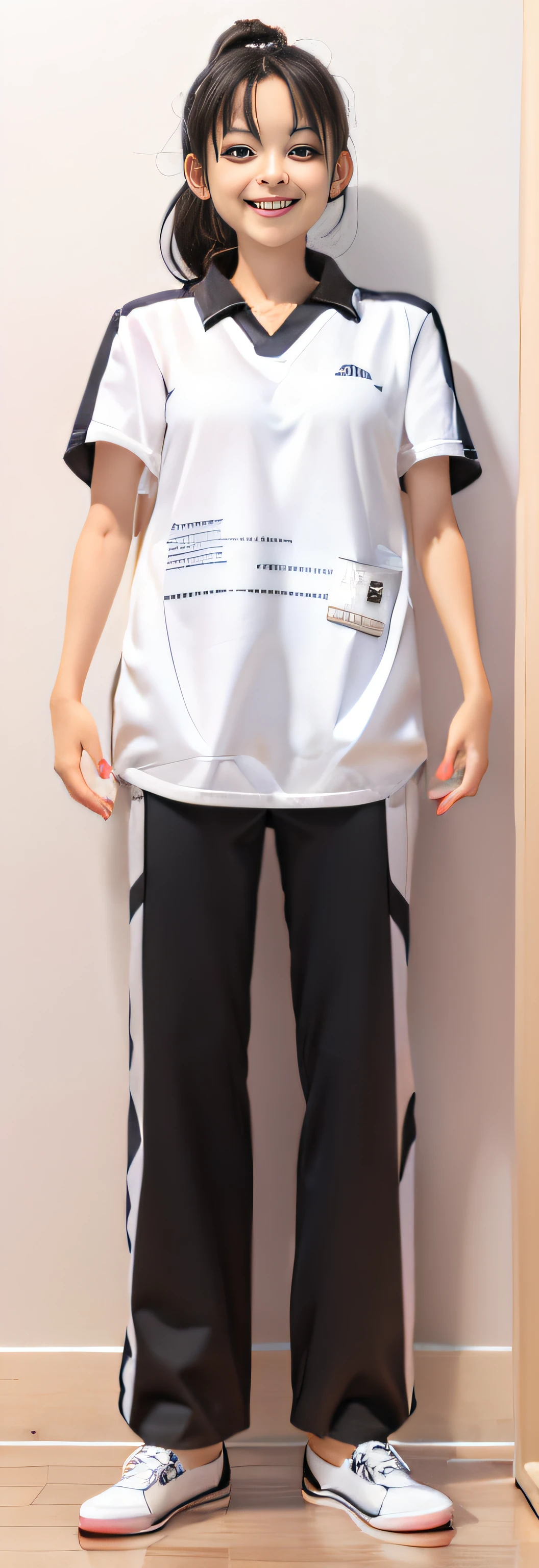 A female high school student,White loose T-shirt,Black loose sweatpants,Black and white shoes,With a ponytail,Happy smile