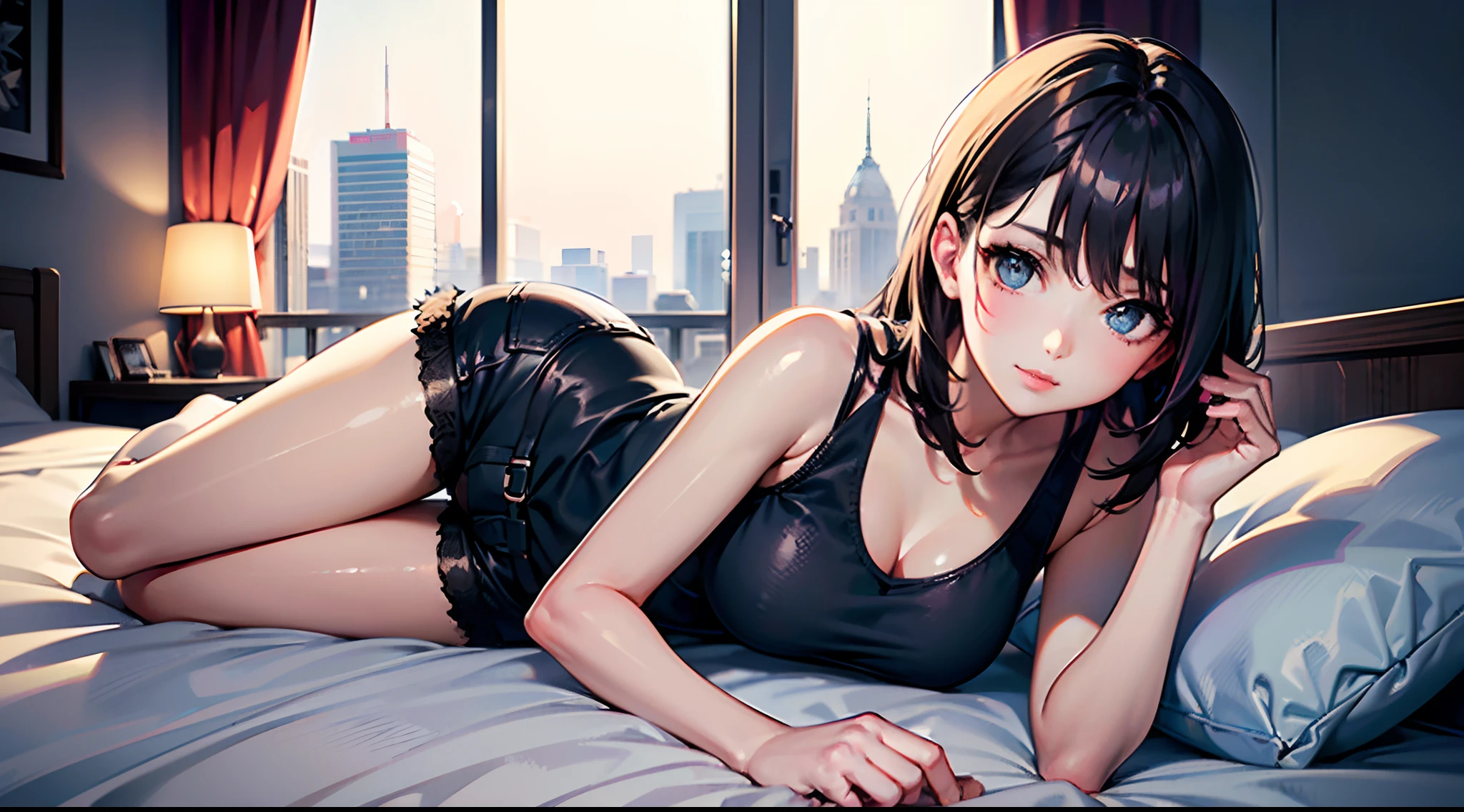 (Masterpiece, top quality, super detailed CG, ultra detailed beautiful face and eyes,super detailed, intricate details:1.2), 8k wallpapers, elaborate features,
(1 person, solo:1.4)perfect cartoon illustration,(1 person, solo:1.4) 1 girl, (black tank top: 1.4), (black shorts: 1.3), love hotel, big bed, lying on bed, night, window, clean night view, full body illustration
