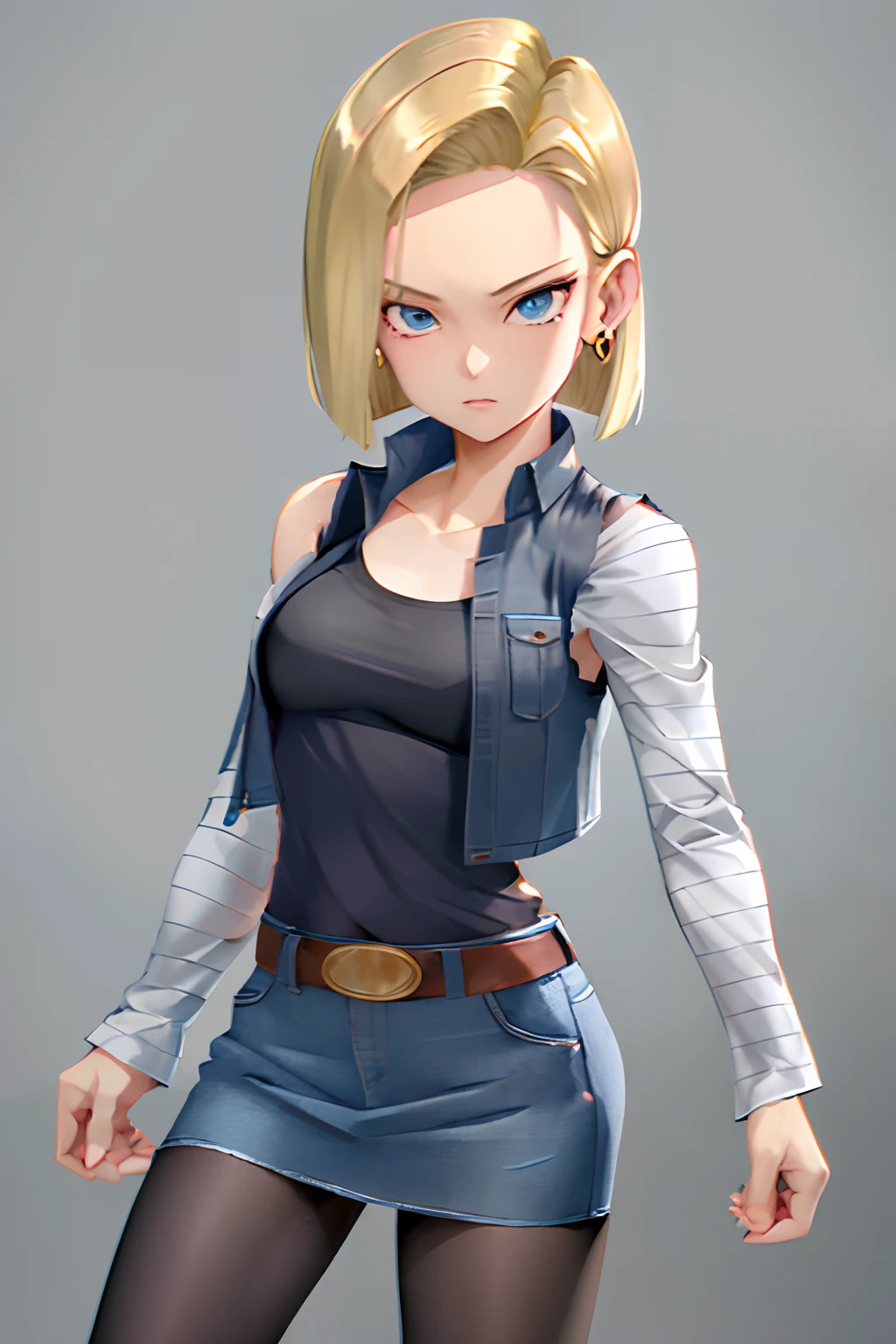 best quality, highres, and18, 1girl, android 18, solo, blonde hair, blue eyes, short hair, earrings, jewelry, denim vest, open vest, black pantyhose, black shirt, denim skirt, striped long sleeves, blue skirt, medium breasts, cowboy shot, street, off-the-shoulder, Strapless,