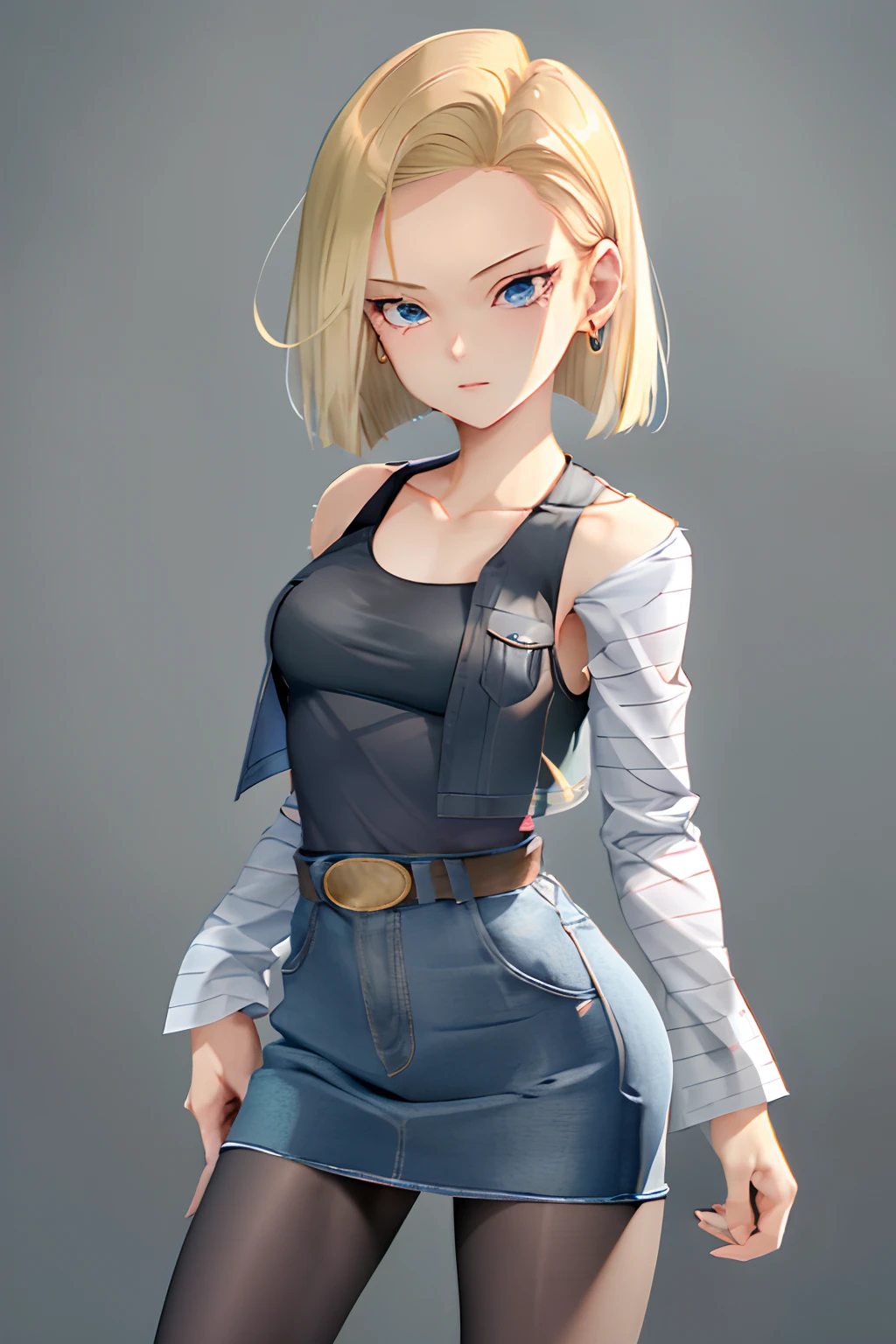 best quality, highres, and18, 1girl, android 18, solo, blonde hair, blue eyes, short hair, earrings, jewelry, denim vest, open vest, black pantyhose, black shirt, denim skirt, striped long sleeves, blue skirt, medium breasts, cowboy shot, street, off-the-shoulder, Strapless,