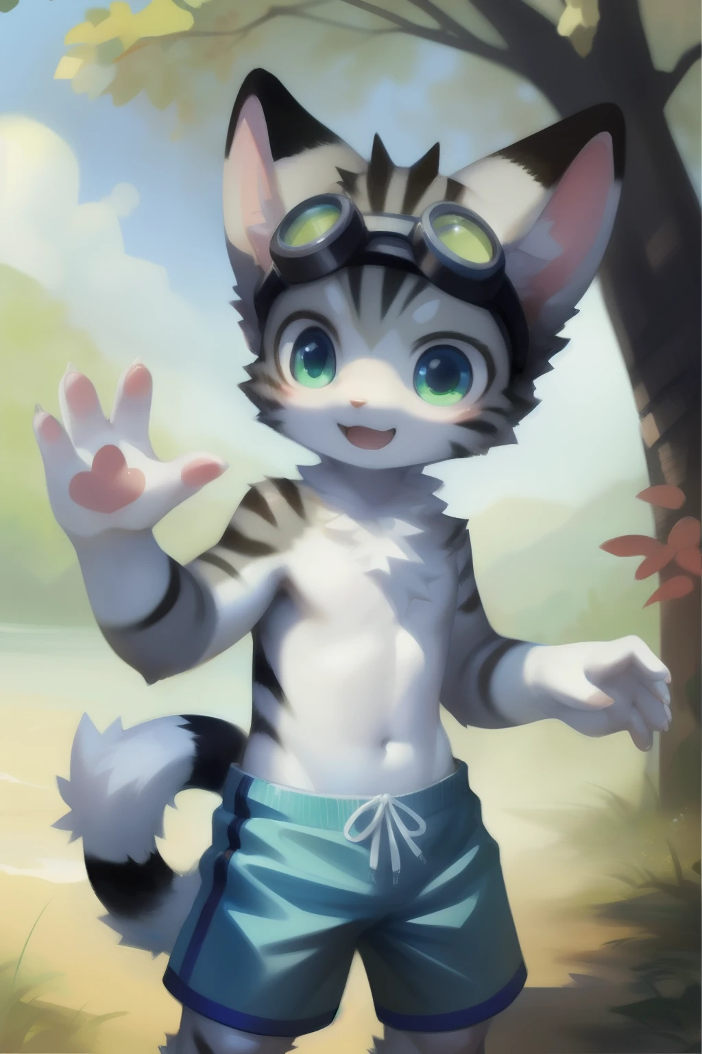 Male, anthro, Furry,grey tabby cat, White fur, goggles on head, swimming trunks, Heart gesture, Simple masterpiece, (by Kenket)(by Pino Daeni),omao