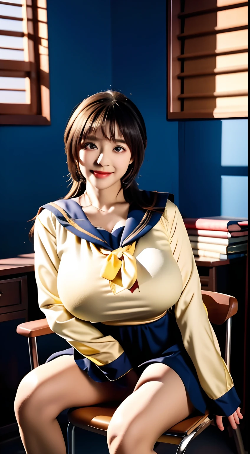 （A little loli little girl），Short girl，（Immature Slightly thin face），（Super swollen: Exaggerated scale: Swelling, Huge chest，super gigantic breasts），（Full clothing supported by breasts），（Plump clothing is supported by breasts），long whitr hair，（Put on a tight sailor suit），showing waist，Classroom Background, sit on chair，Pose，Do difficult moves，Adopt a variety of sports positions，Pure temperament，ssmile，perfect  eyes, perfect hand，超高分辨率, Movie Angle, Professional lighting, best qualtiy, tmasterpiece, Perfect focus，Background bokeh，realisticlying，Ultra-high ress fabric texture，8k eye details，8K pupils，