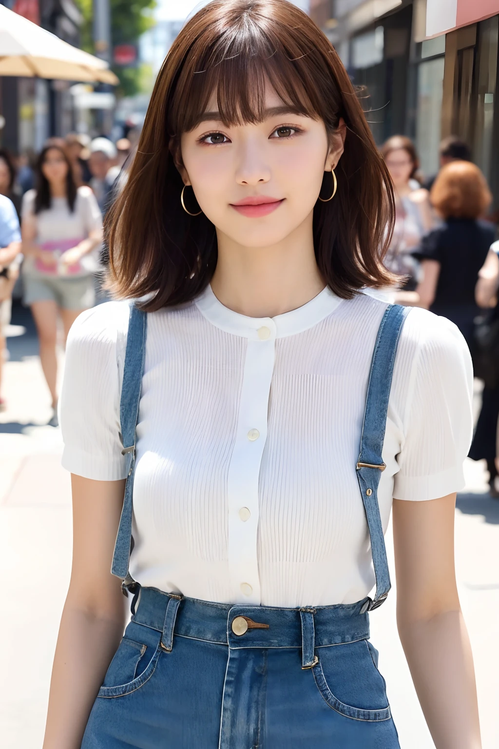 (8k, RAW photos, top quality, masterpiece: 1.2), ultra detailed, super resolution, (real, real photos: 1.37), portraits, high definition RAW color photos, professional photos, very detailed and beautiful, highly detailed, 8k wallpapers, amazing details, huge file size, official art, highly detailed CG Unity 8k wallpapers, highly detailed beautiful girls, highly detailed facesHighly detailed eyes, highly detailed skin, highly detailed fingers, highly detailed nose, highly detailed mouth, perfect anatomy, highly detailed background, highly detailed clothing, one girl, (18:1.2), , cute girl, famous Japan idol, cute, realistic body, petite, white skin, radiant skin, slim body, handsome body, brown hair, short curly hair, (blunt bangs: 1.2) , smile, cute, youthful, pretty face, realistic face, delicate eyes, sagging eyes, white shirt, skirt, earrings, camera gaze, cowboy shot, front-facing, standing, contrappost, high street, dynamic lighting,