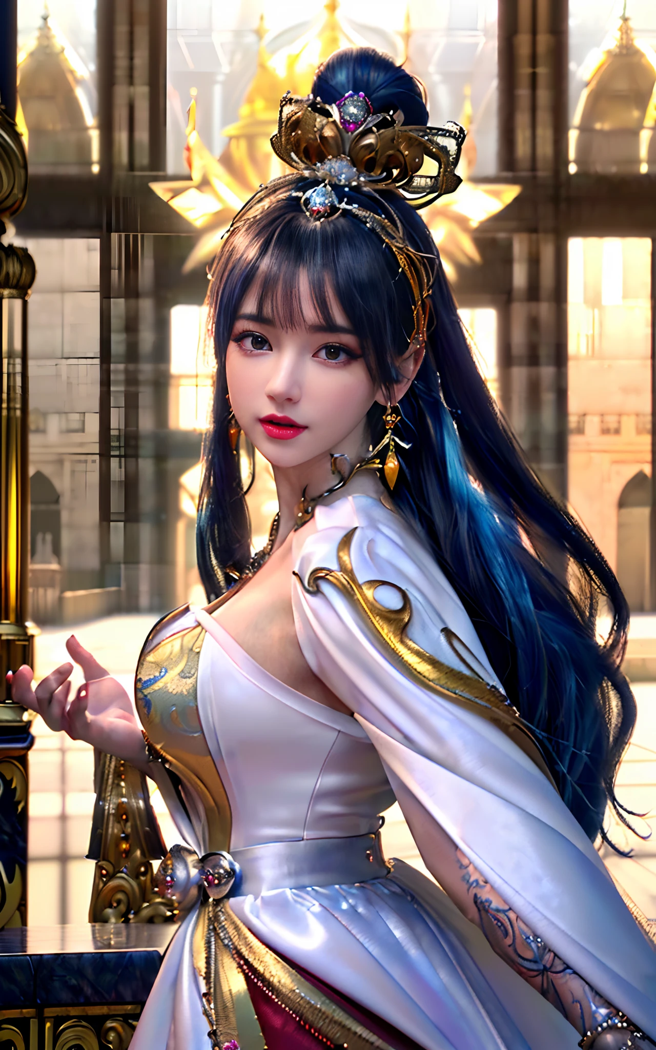 ((realisticity: 1.2)), ((realistic: 8K UHD)), ((best resolution: 8K UHD)), hyper detailed, best quality,masterpiece,highres,cg,
((1 hyper detailed and hyper realistic girl)), ((very beautiful queen dazzling, hyper realistic, and hyper detailed)),((white skin, beautiful, smooth, youthful, hyper realistic and hyper detailed
)), ((Hyper beautiful face, white, hyper realistic and hyper detailed)), long hair, ((hyper realistic and hyper detailed dress)), solo, ((hyper realistic, hyper beautiful, gorgeous and hyper detailed jewelry)), ((hyper beautiful, hyper realistic and hyper detailed dark red and golden yellow dress)),
((Hyper beautiful, hyper realistic, hyper detailed diamond filled earrings)),
  ((Hyper beautiful, hyper realistic and hyper detailed diamond filled hair ornament)), ((hyper beautiful upper body, hyper beautiful, hyper 
 realistic and hyper detailed)), ((big breasts: 2.5)), 
((Hyper grand, hyper realistic and hyper detailed royal palace backgroun))
((Hyper beautiful, hyper beautiful, hyper realistic and hyper detailed hair bun)), ((hyper beautiful, hyper realistic and hyper detailed blue hair)),
candid, Photograph, high resolution, 8k,Bokeh,
