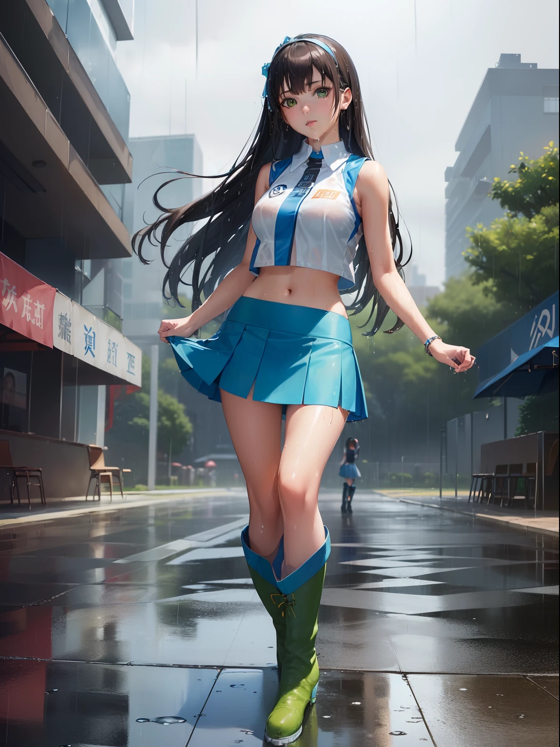 (masutepiece, Best Quality:1.37), High resolution, Ultra-detailed, ultra-sharp, 1girl in, girl on top,  (((1girl in:1.37, Solo))), (Beautiful face, Cute face, Detailed face), ( brown haired, Semi-long hair), (((Detailed beautiful green eyes))), (((rainy))), (((Wet in the rain))),  (((Race Queen))), White blouses, (((Blue mini skirt, pleatedskirt))), a navel,  (((Sleeveless))), (((Race Queen Boots))), (((full body shot))), a park