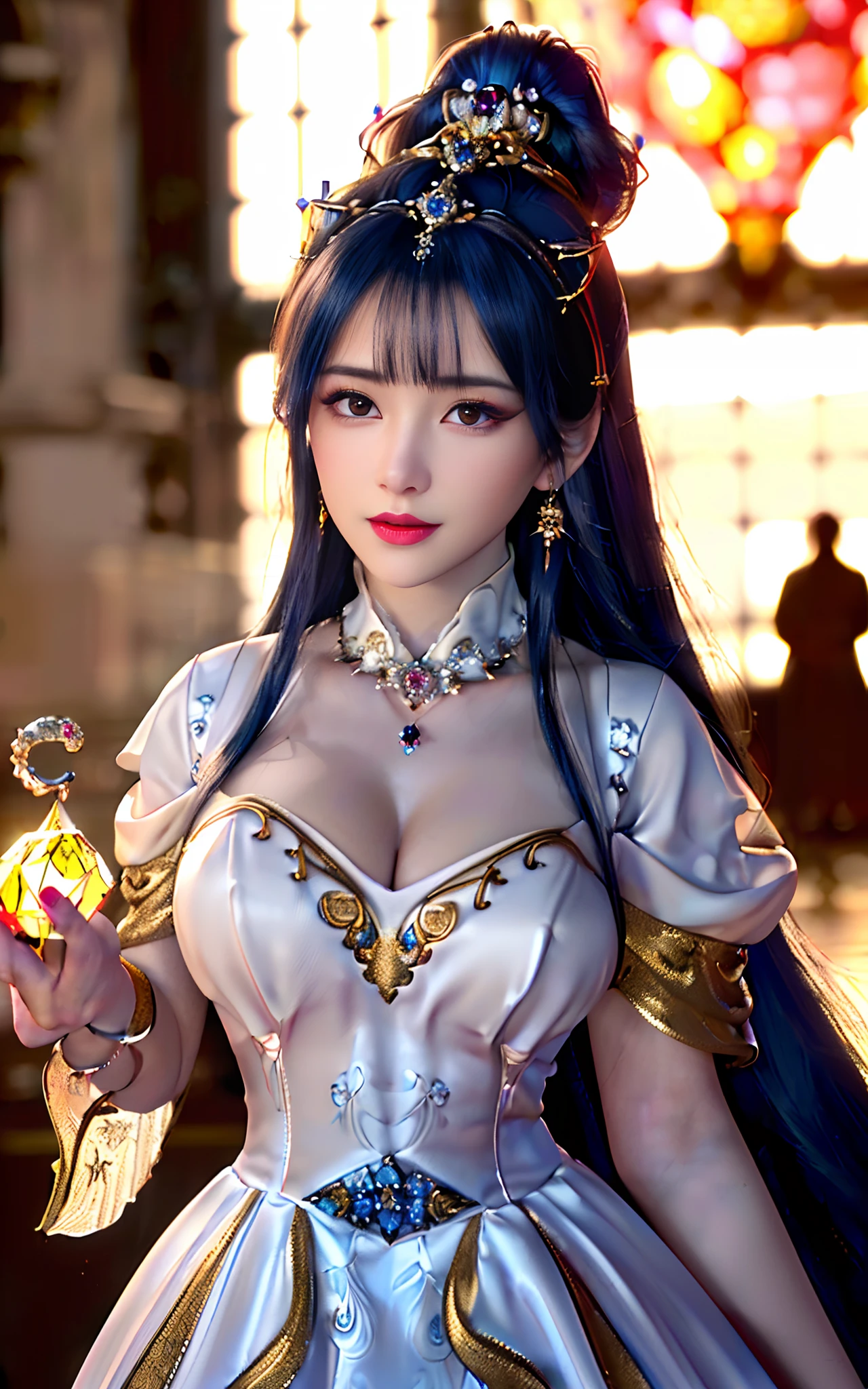 ((realisticity: 1.2)), ((realistic: 8K UHD)), ((best resolution: 8K UHD)), hyper detailed, best quality,masterpiece,highres,cg,
((1 hyper detailed and hyper realistic girl)), ((very beautiful queen dazzling, hyper realistic, and hyper detailed)),((white skin, beautiful, smooth, youthful, hyper realistic and hyper detailed
)), ((Hyper beautiful face, white, hyper realistic and hyper detailed)), long hair, ((hyper realistic and hyper detailed dress)), solo, ((hyper realistic, hyper beautiful, gorgeous and hyper detailed jewelry)), ((hyper beautiful, hyper realistic and hyper detailed dark red and golden yellow dress)),
((Hyper beautiful, hyper realistic, hyper detailed diamond filled earrings)),
((Hyper beautiful, hyper realistic and hyper detailed diamond filled hair ornament)), ((hyper beautiful upper body, hyper beautiful, hyper
realistic and hyper detailed)), ((big breasts: 2.5)),
((Hyper grand, hyper realistic and hyper detailed royal palace backgroun))
((Hyper beautiful, hyper beautiful, hyper realistic and hyper detailed hair bun)), ((hyper beautiful, hyper realistic and hyper detailed blue hair)),
candid, Photograph, high resolution, 8k,Bokeh,