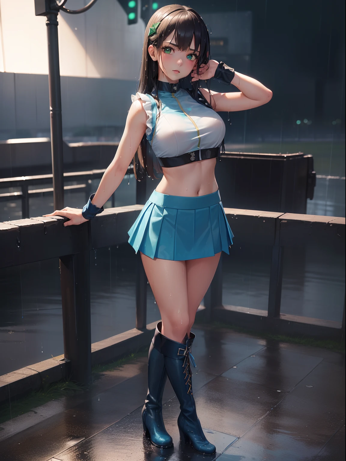 (masutepiece, Best Quality:1.37), High resolution, Ultra-detailed, ultra-sharp, 1girl in, girl on top, (((1girl in:1.37, Solo))), (Beautiful face, Cute face, Detailed face), ( brown haired, Semi-long hair), (((Detailed beautiful green eyes))), (((rainy))), (((Wet in the rain))), (((Race Queen))), White blouses, (((Blue mini skirt, pleatedskirt))), a navel, (((Sleeveless))), (((Race Queen Boots))), (((full body shot))), a park