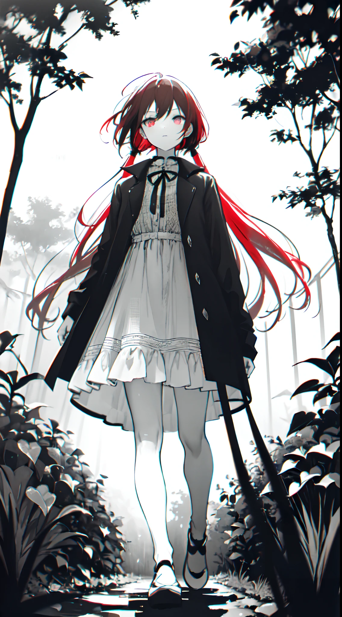 Within the garden, very dark vibes, there was a glowing in the dark red haired girl, standing under a dark sky without stars and sun ((monochromatic))