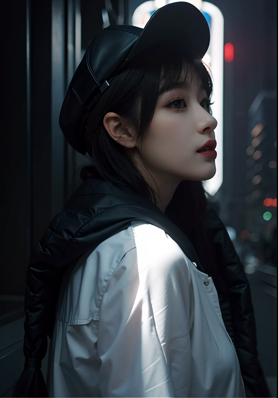 Beautiful woman medium hair, wearing cap, cyberpunk style short clothes