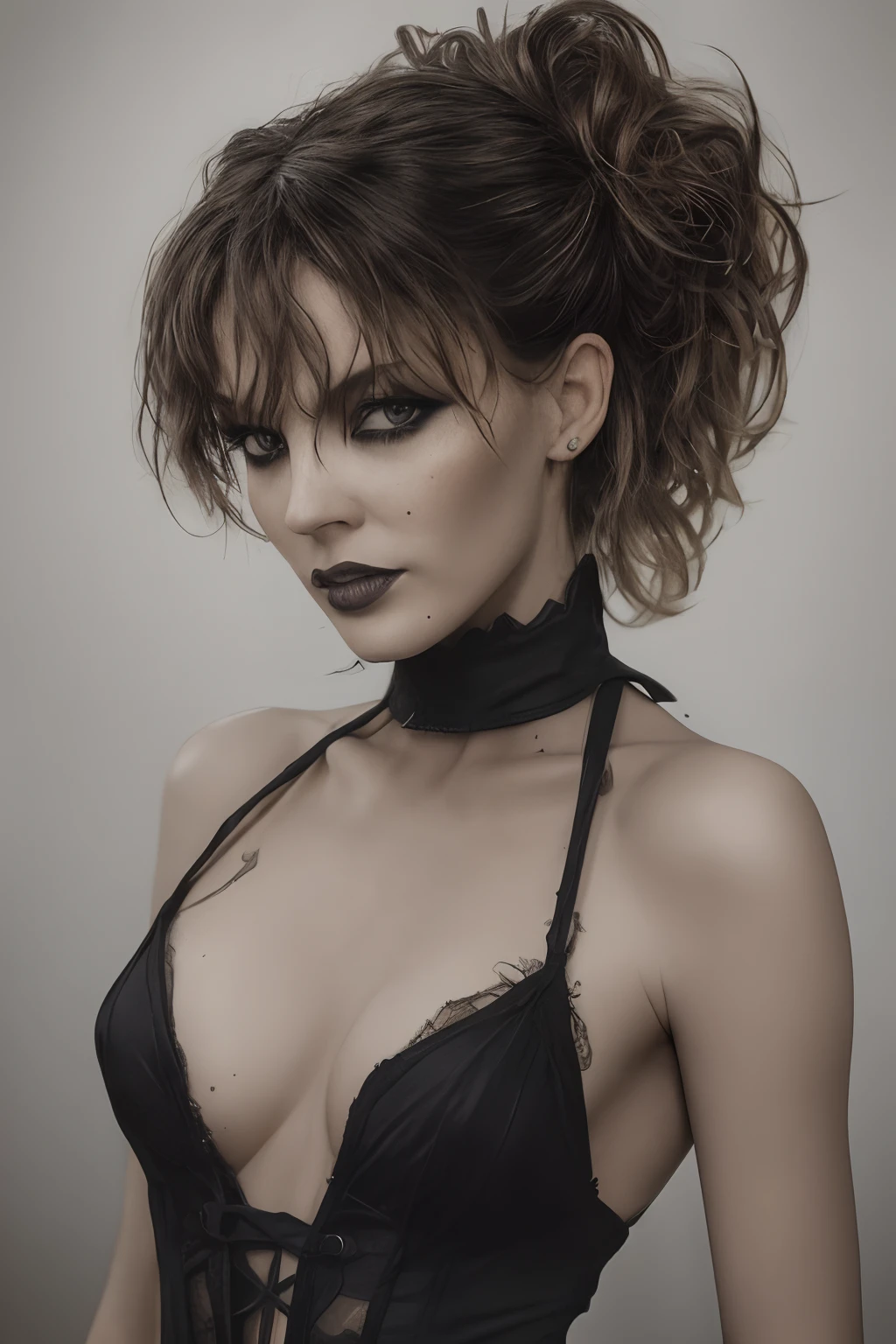 dark Goth woman, costume minimalistic, perfect face, fullbody, full shot, messy hair, delicate skin, realistic, photo-realistic, Masterpiece --auto --s2